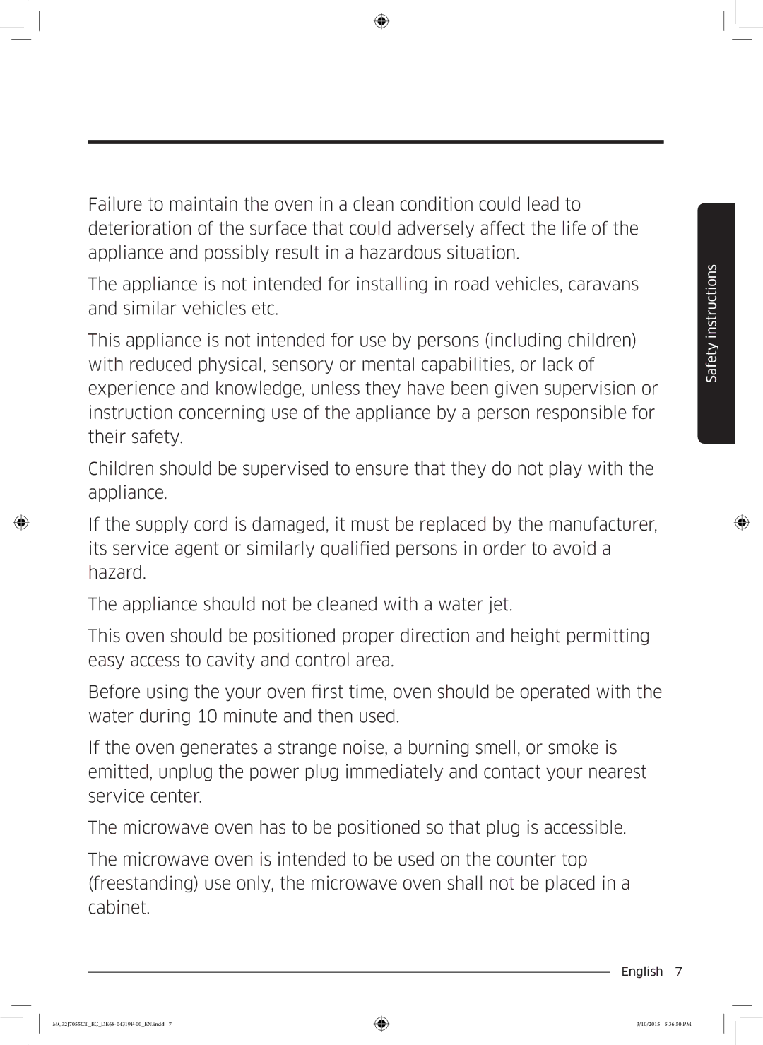 Samsung MC32J7055CT/EC manual Safety instructions 