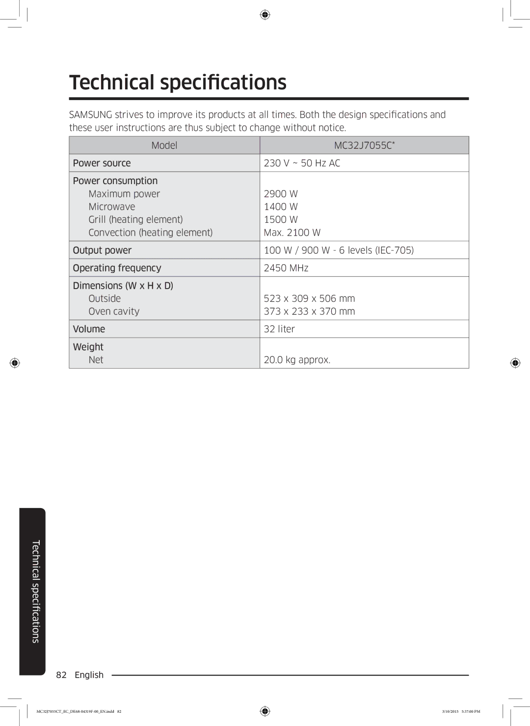 Samsung MC32J7055CT/EC manual Technical specifications 