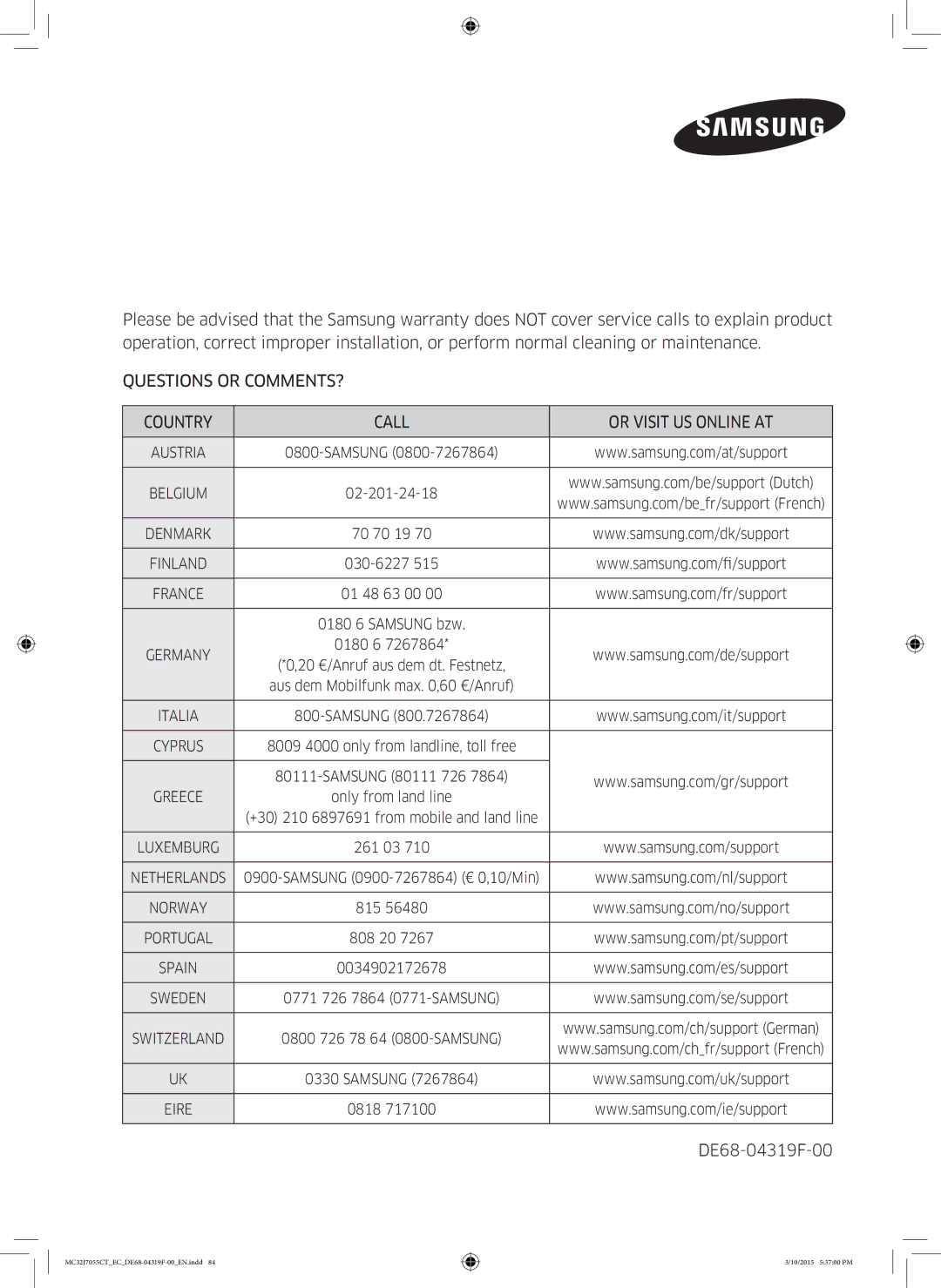 Samsung MC32J7055CT/EC manual Questions or COMMENTS? Country Call Or Visit US Online AT 