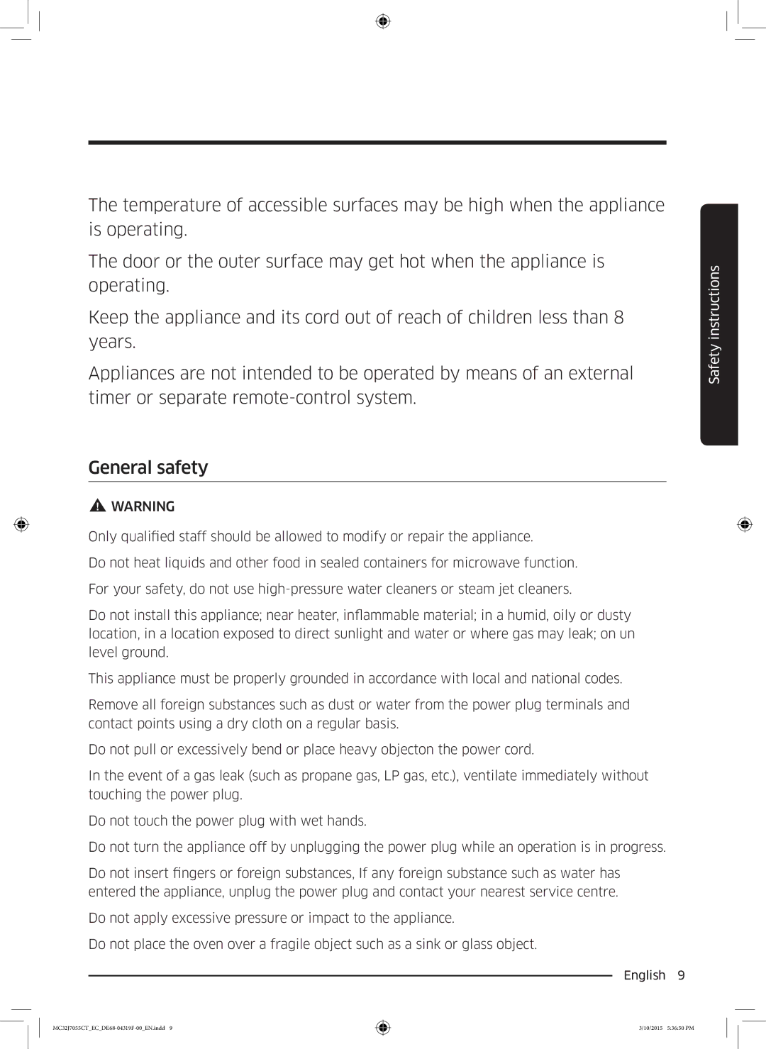 Samsung MC32J7055CT/EC manual Safety instructions 