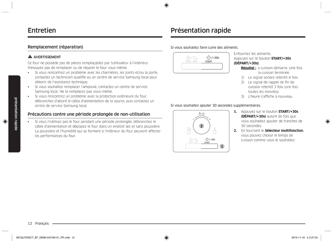 Samsung MC32J7055CT/EF manual Présentation rapide, Remplacement réparation 