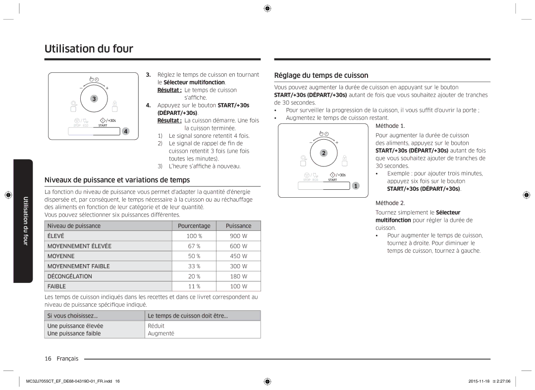 Samsung MC32J7055CT/EF manual Niveaux de puissance et variations de temps, Réglage du temps de cuisson 