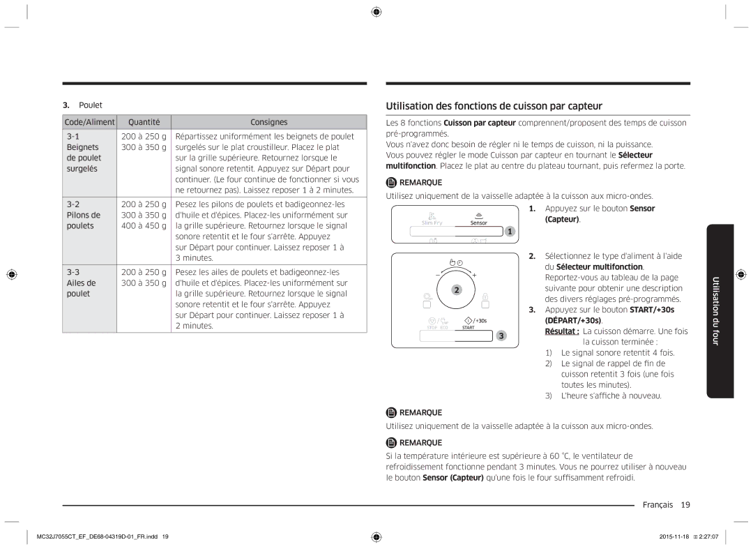 Samsung MC32J7055CT/EF manual Utilisation des fonctions de cuisson par capteur, Capteur, Du Sélecteur multifonction 