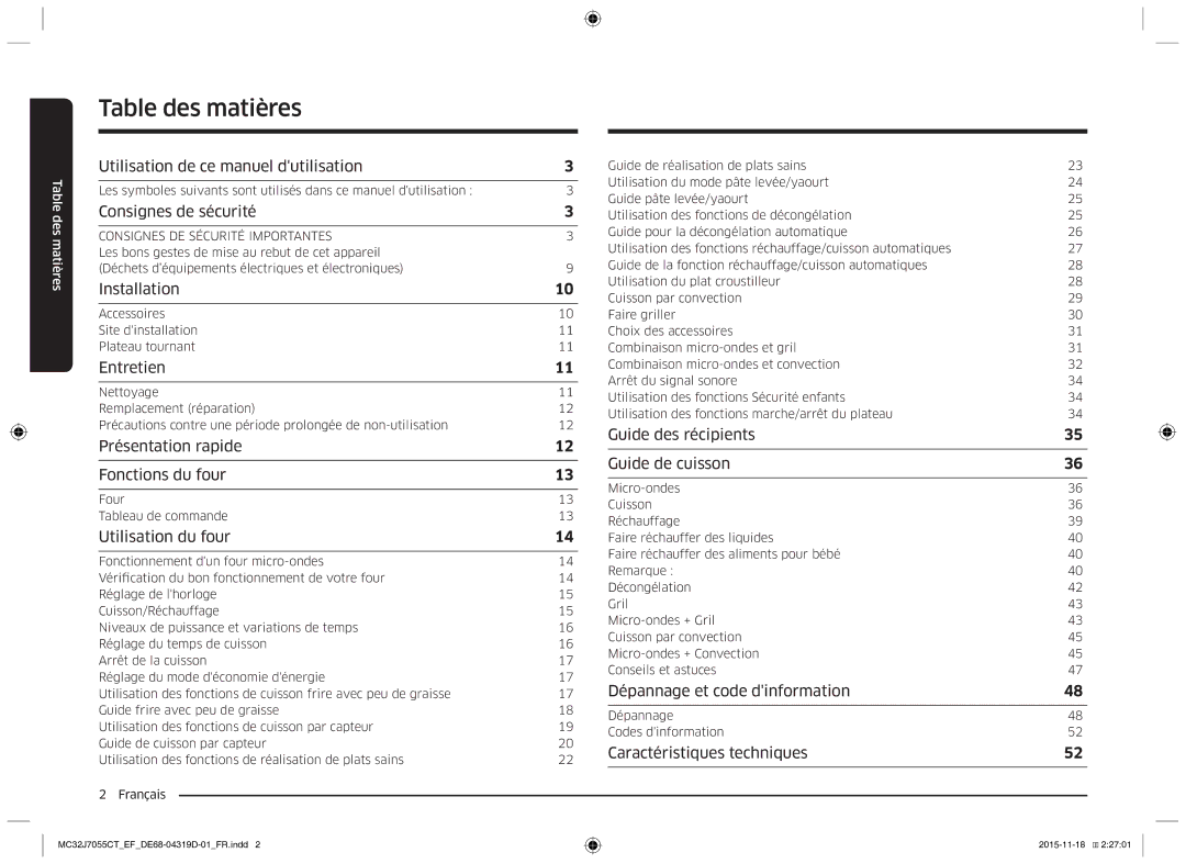 Samsung MC32J7055CT/EF manual Table des matières 