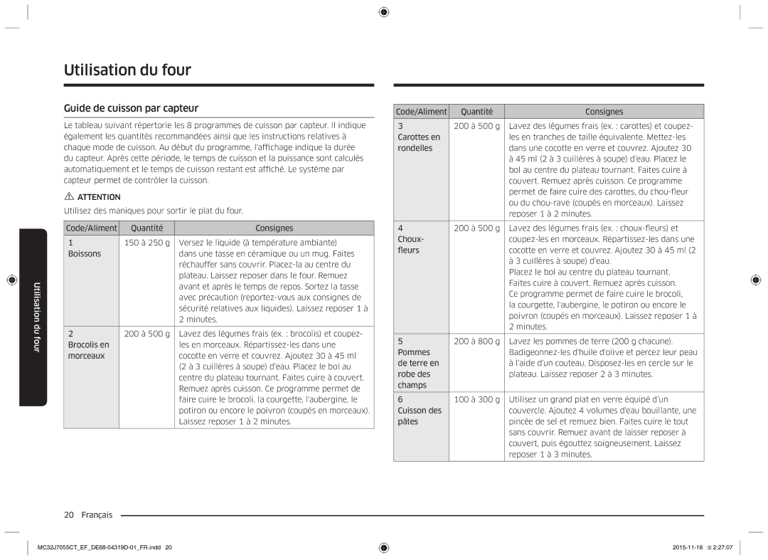 Samsung MC32J7055CT/EF manual Guide de cuisson par capteur 