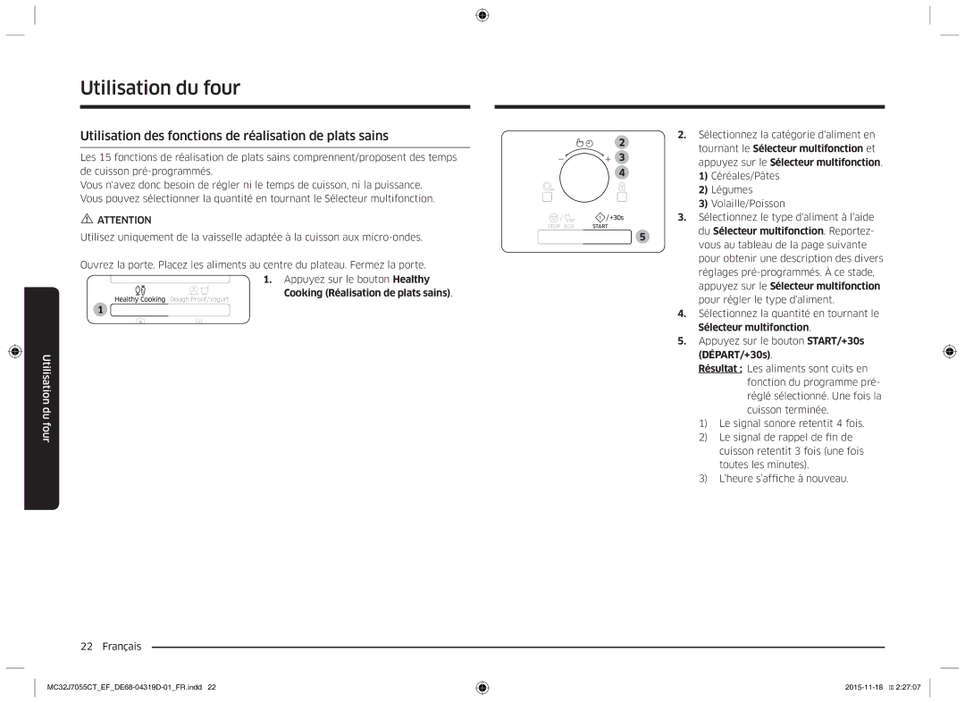 Samsung MC32J7055CT/EF manual Utilisation des fonctions de réalisation de plats sains, Cooking Réalisation de plats sains 