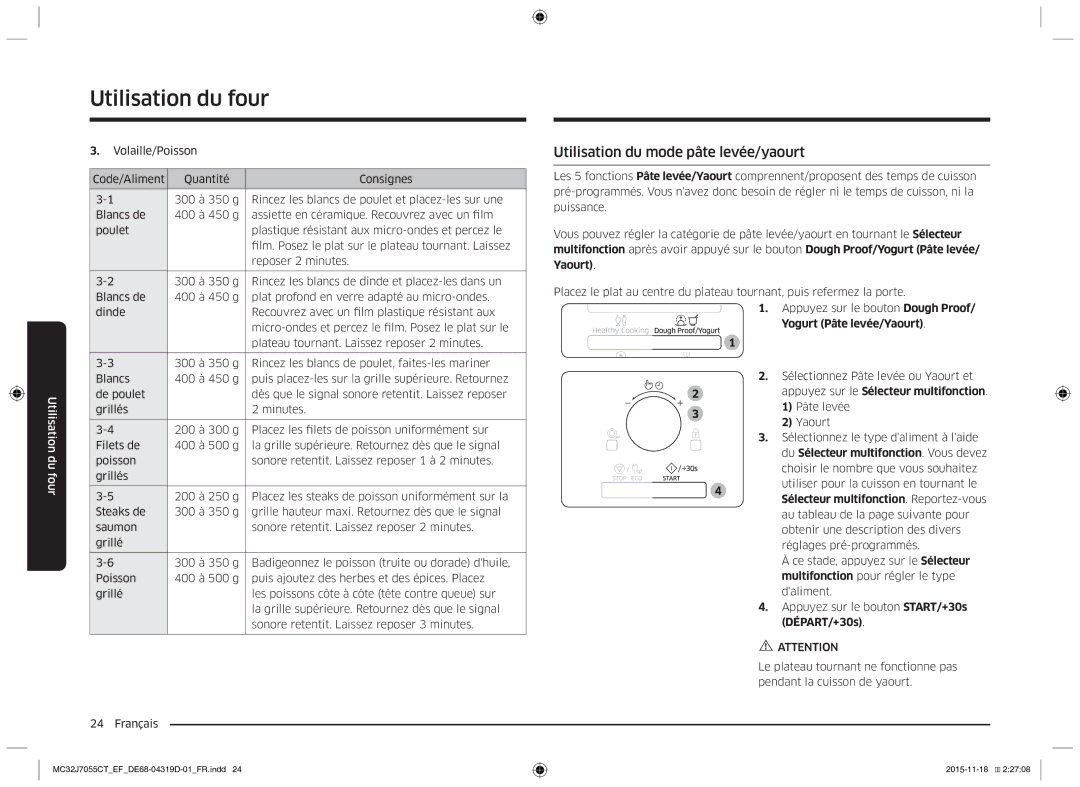 Samsung MC32J7055CT/EF manual Utilisation du mode pâte levée/yaourt, Yogurt Pâte levée/Yaourt 