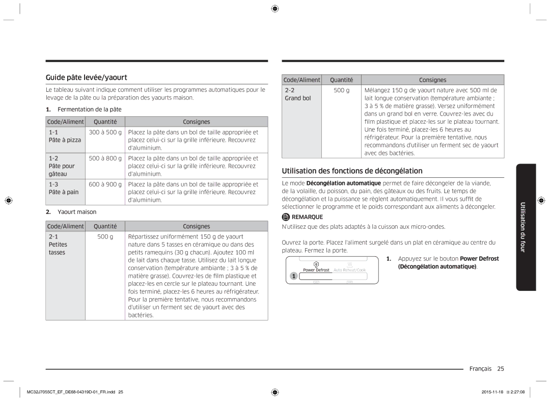 Samsung MC32J7055CT/EF Guide pâte levée/yaourt, Utilisation des fonctions de décongélation, Décongélation automatique 