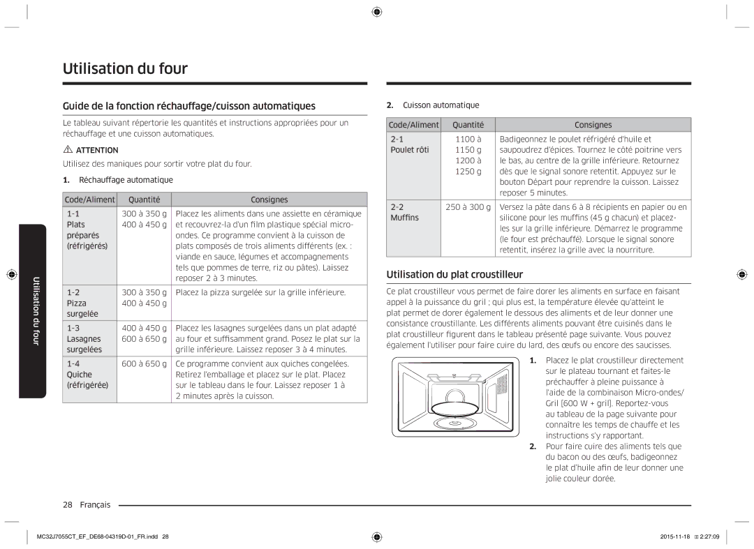 Samsung MC32J7055CT/EF manual Guide de la fonction réchauffage/cuisson automatiques, Utilisation du plat croustilleur 