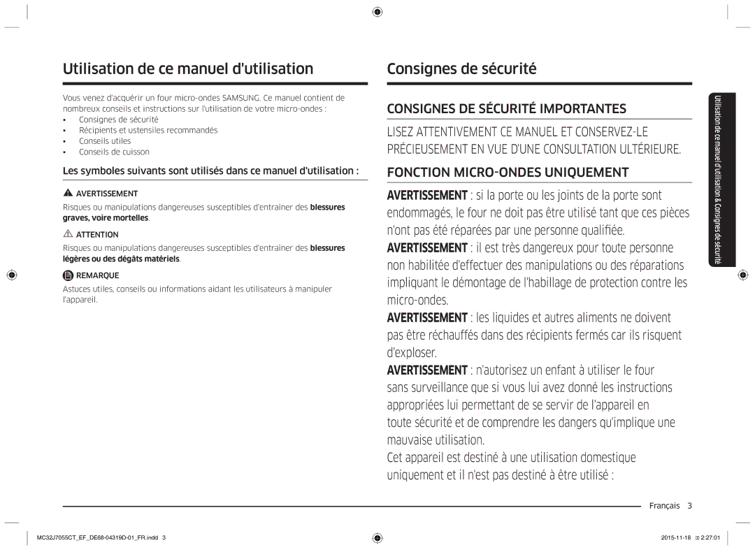 Samsung MC32J7055CT/EF manual Utilisation de ce manuel dutilisation, Consignes de sécurité 