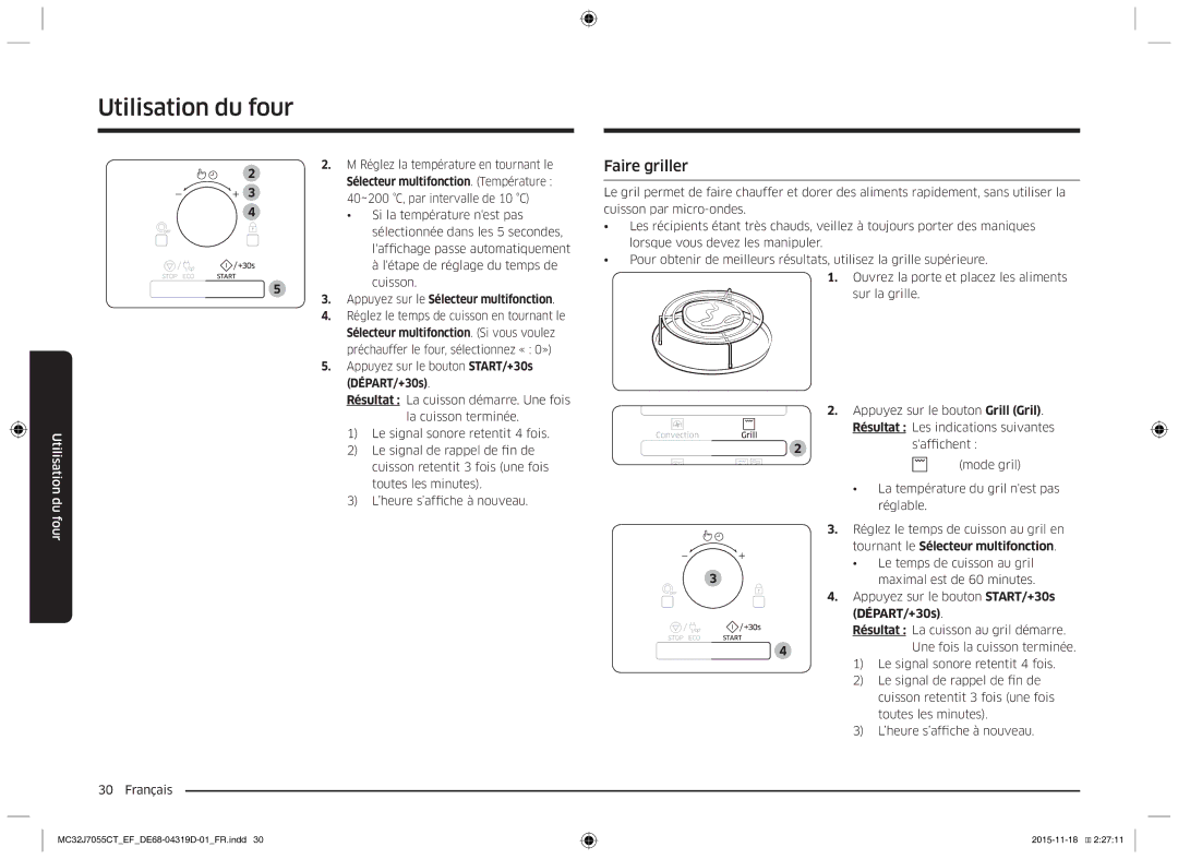 Samsung MC32J7055CT/EF manual Faire griller, DÉPART/+30s 