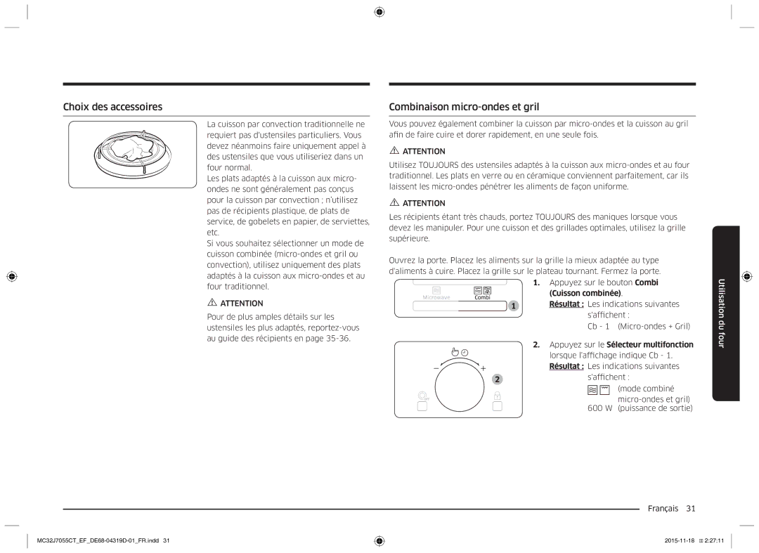 Samsung MC32J7055CT/EF manual Choix des accessoires, Combinaison micro-ondes et gril, Cuisson combinée 