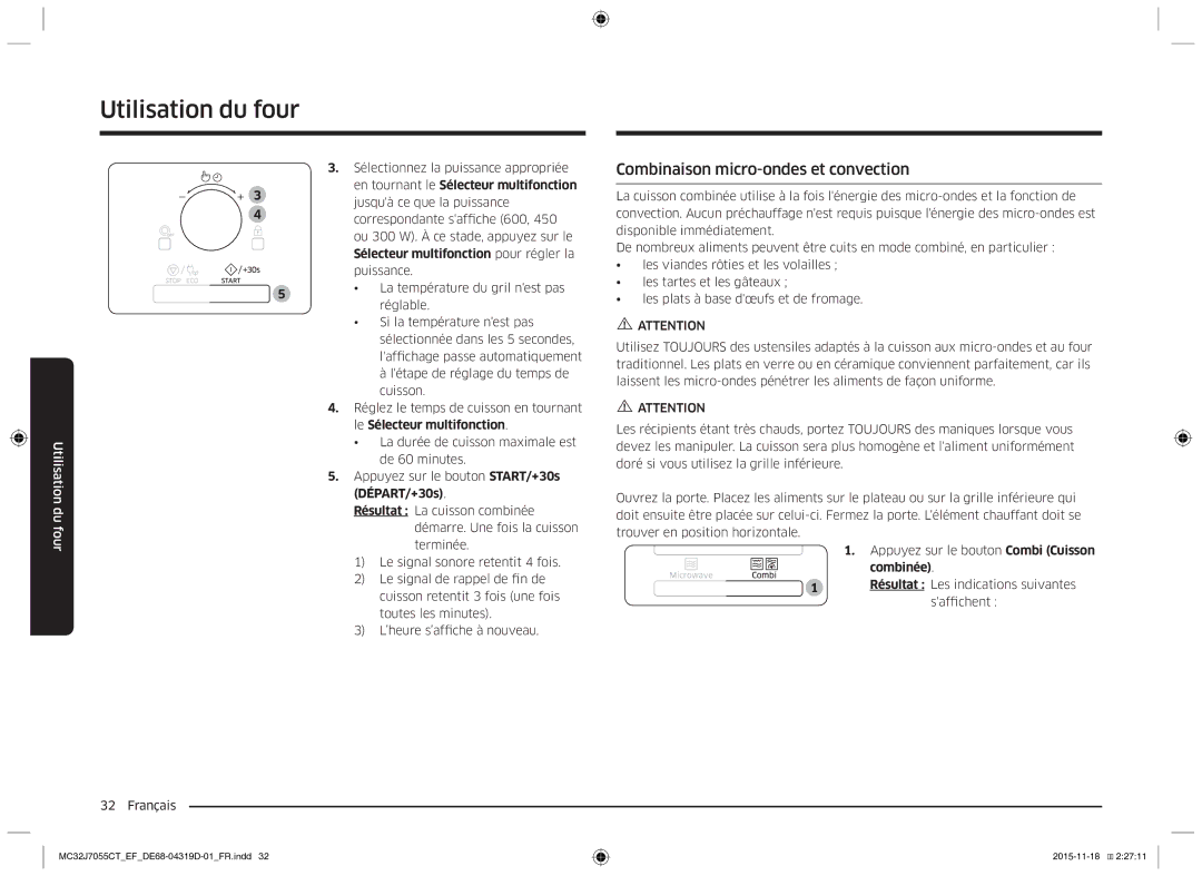 Samsung MC32J7055CT/EF manual Combinaison micro-ondes et convection, Combinée 