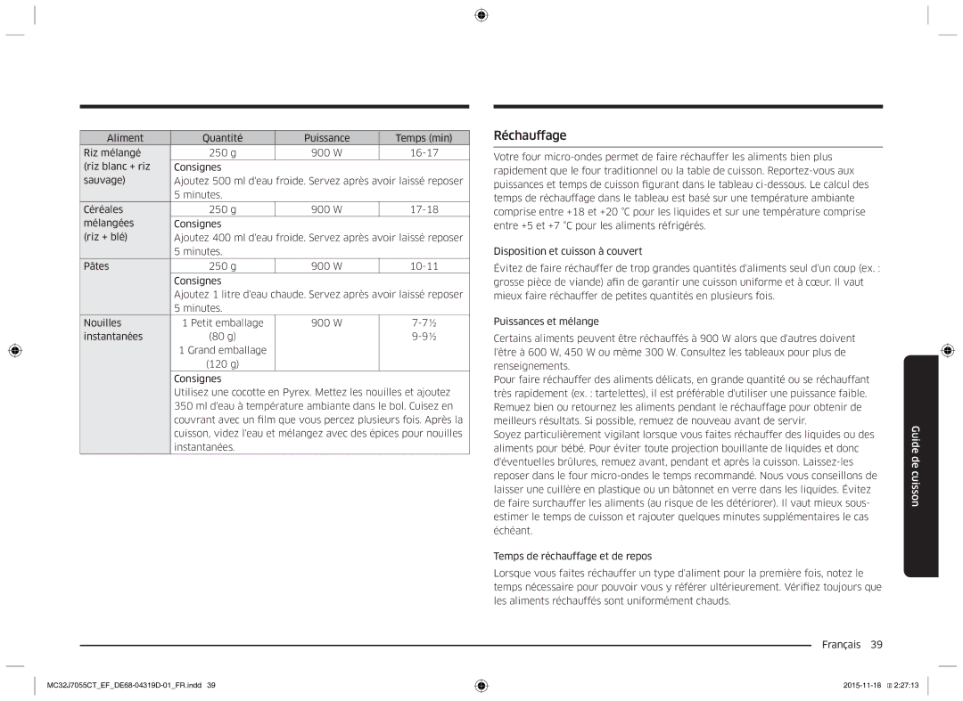 Samsung MC32J7055CT/EF manual Réchauffage, Guide 