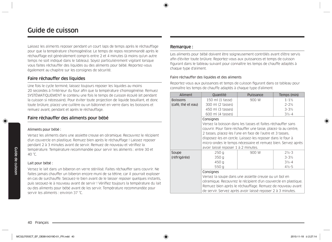 Samsung MC32J7055CT/EF manual Faire réchauffer des liquides, Faire réchauffer des aliments pour bébé, Remarque 