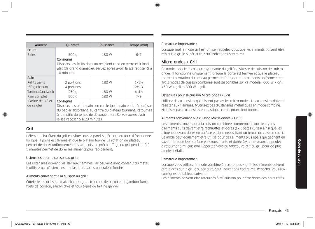 Samsung MC32J7055CT/EF manual Micro-ondes + Gril 