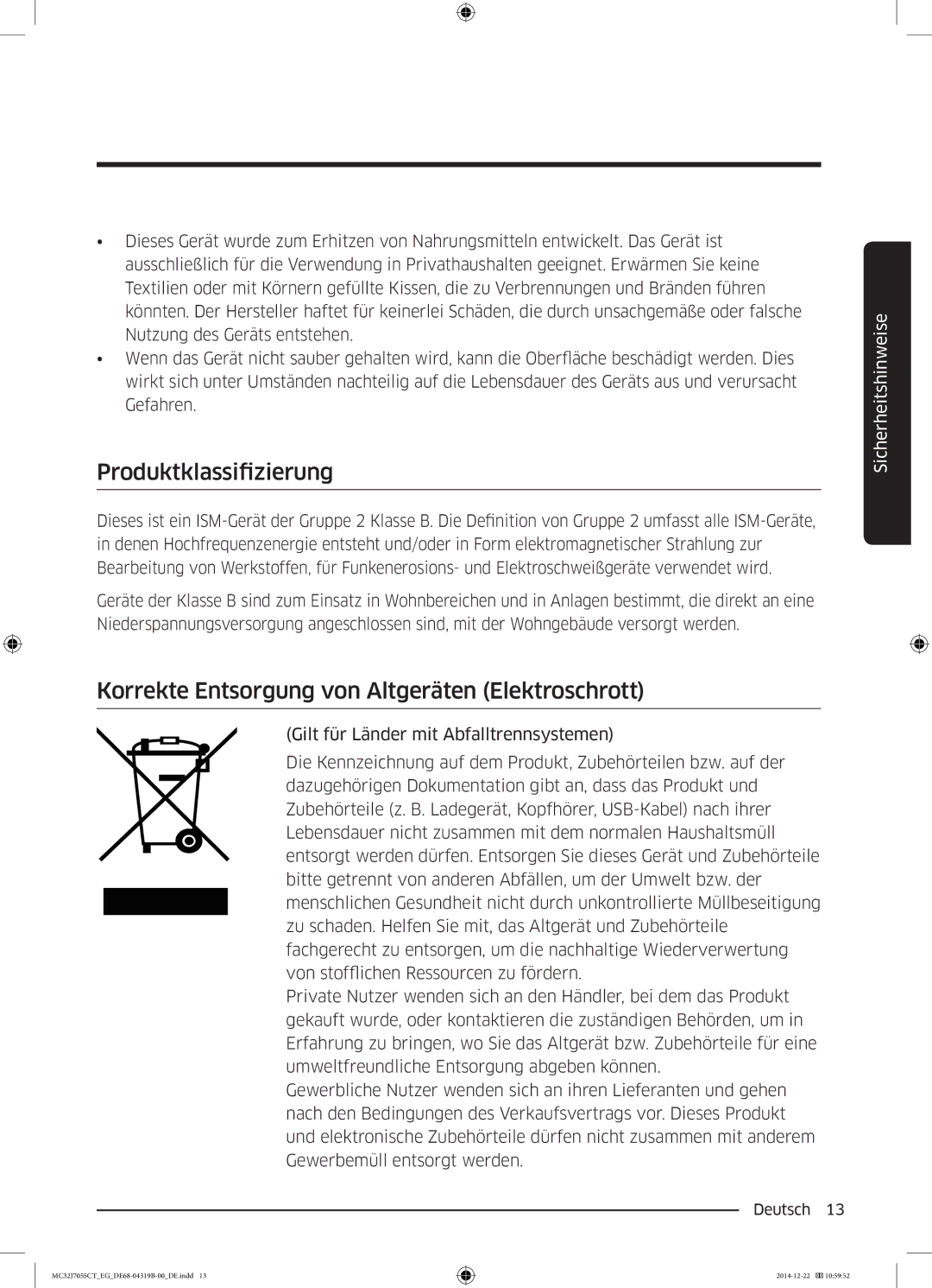 Samsung MC32J7055CT/EG manual Produktklassifizierung, Korrekte Entsorgung von Altgeräten Elektroschrott 