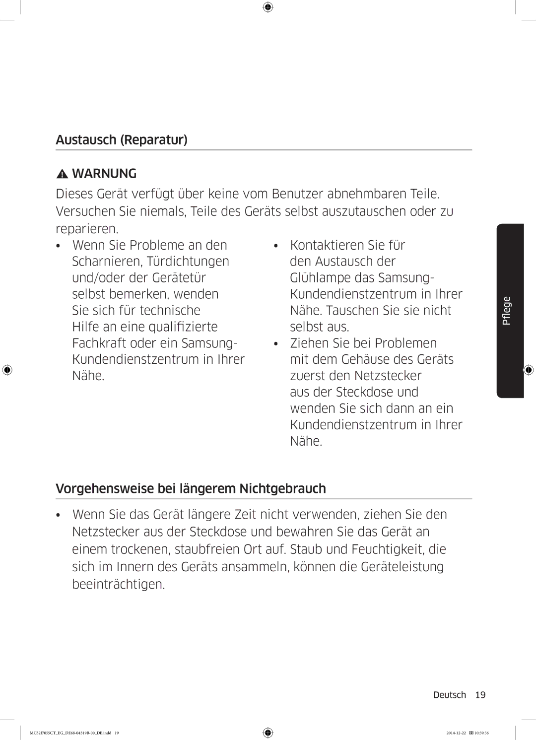 Samsung MC32J7055CT/EG manual Austausch Reparatur, Warnung 