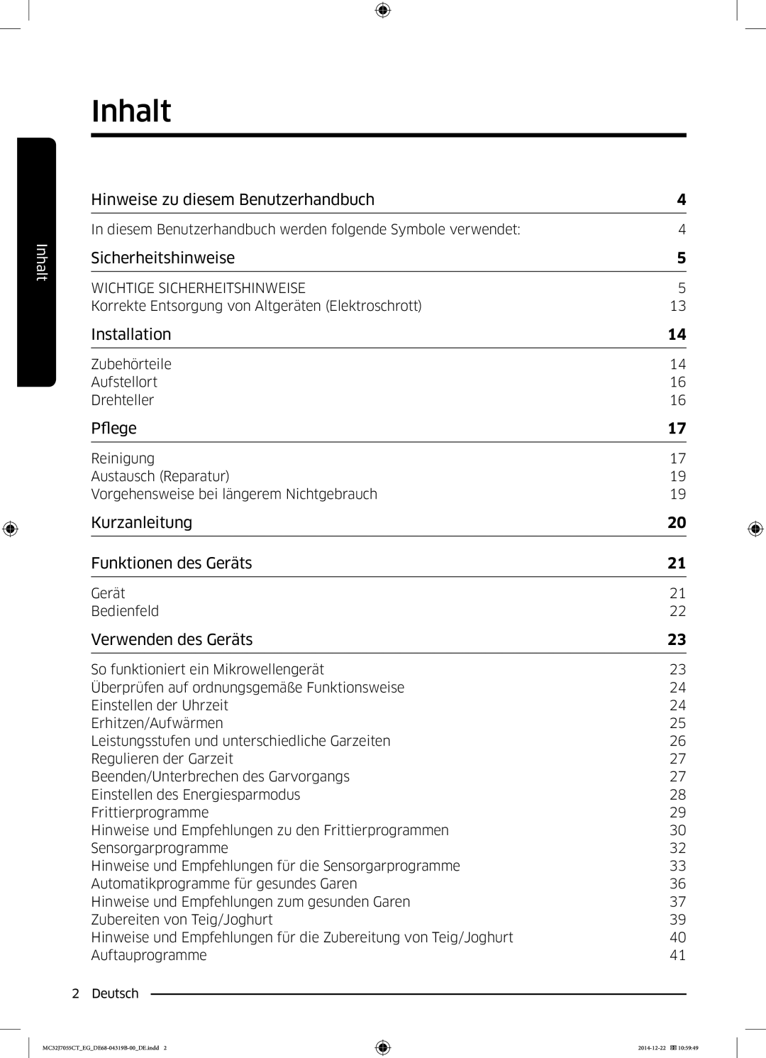 Samsung MC32J7055CT/EG manual Inhalt, Verwenden des Geräts 