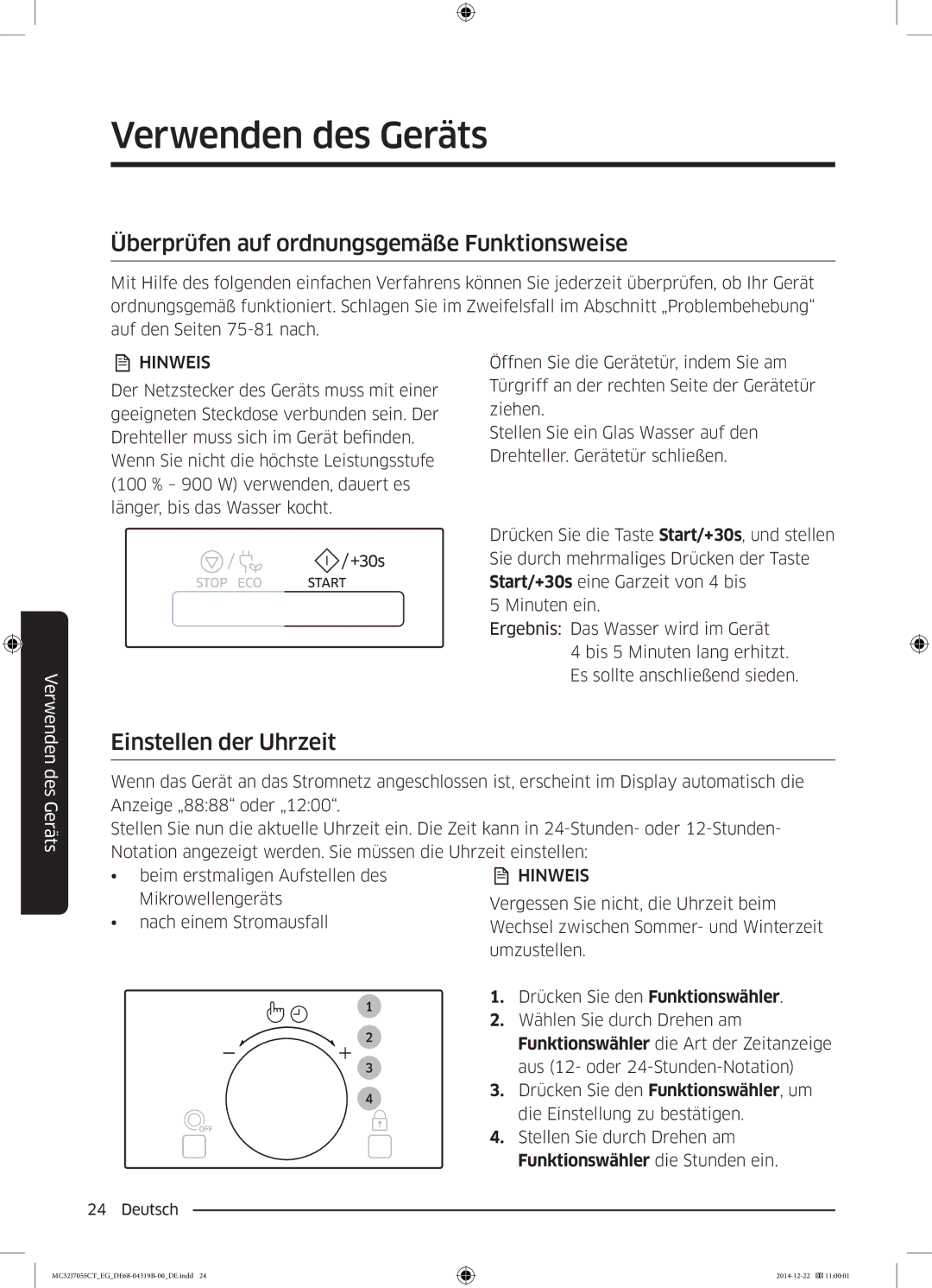 Samsung MC32J7055CT/EG manual Überprüfen auf ordnungsgemäße Funktionsweise, Einstellen der Uhrzeit 