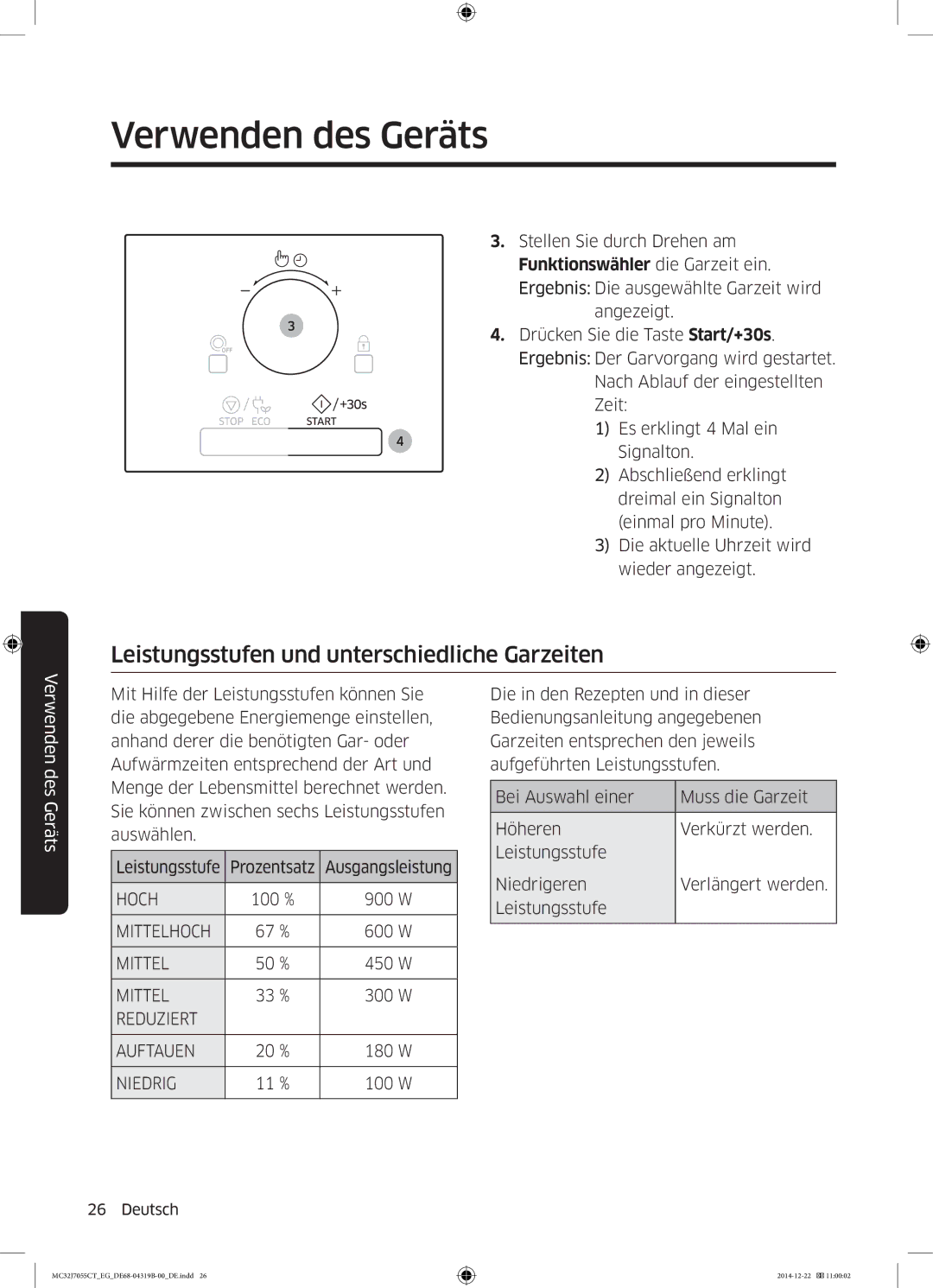 Samsung MC32J7055CT/EG manual Leistungsstufen und unterschiedliche Garzeiten, Funktionswähler die Garzeit ein 