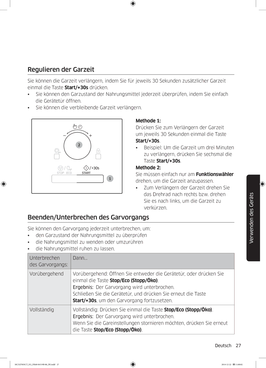 Samsung MC32J7055CT/EG manual Regulieren der Garzeit, Beenden/Unterbrechen des Garvorgangs 