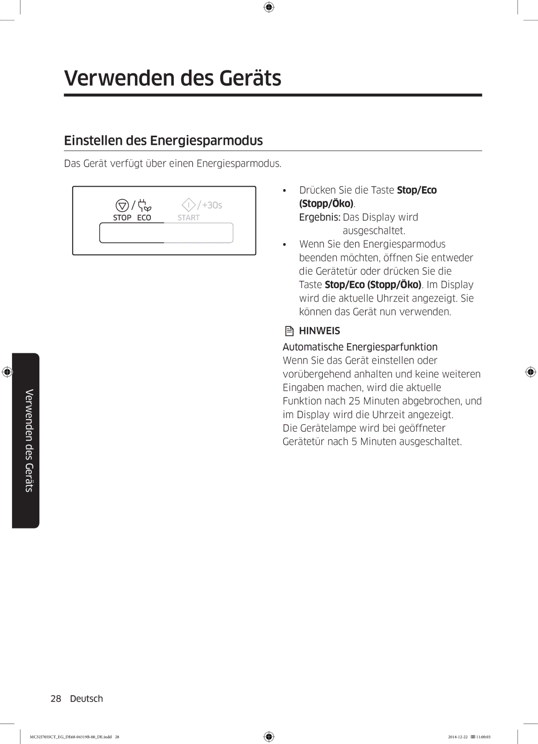 Samsung MC32J7055CT/EG manual Einstellen des Energiesparmodus 