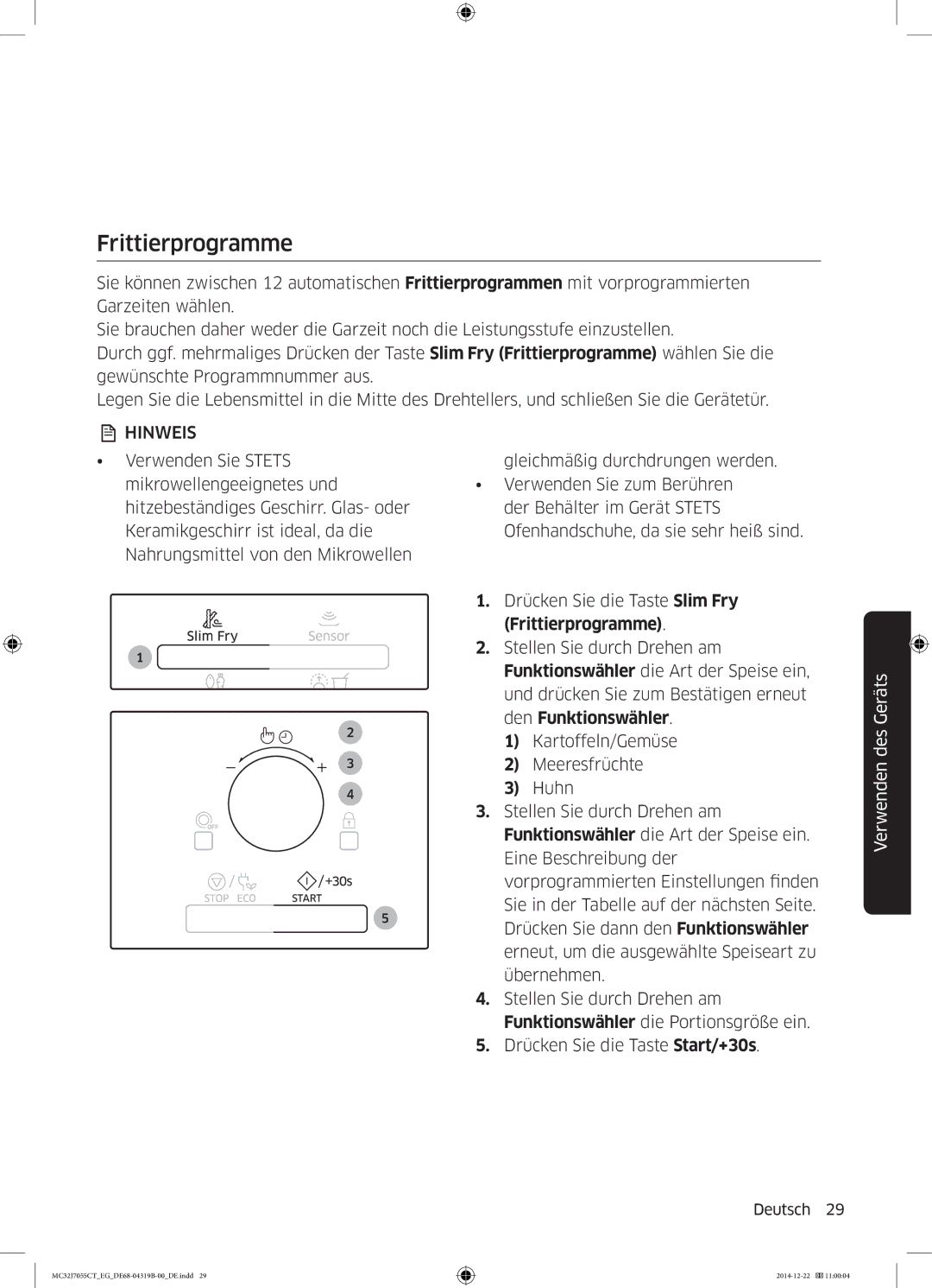 Samsung MC32J7055CT/EG manual Frittierprogramme 