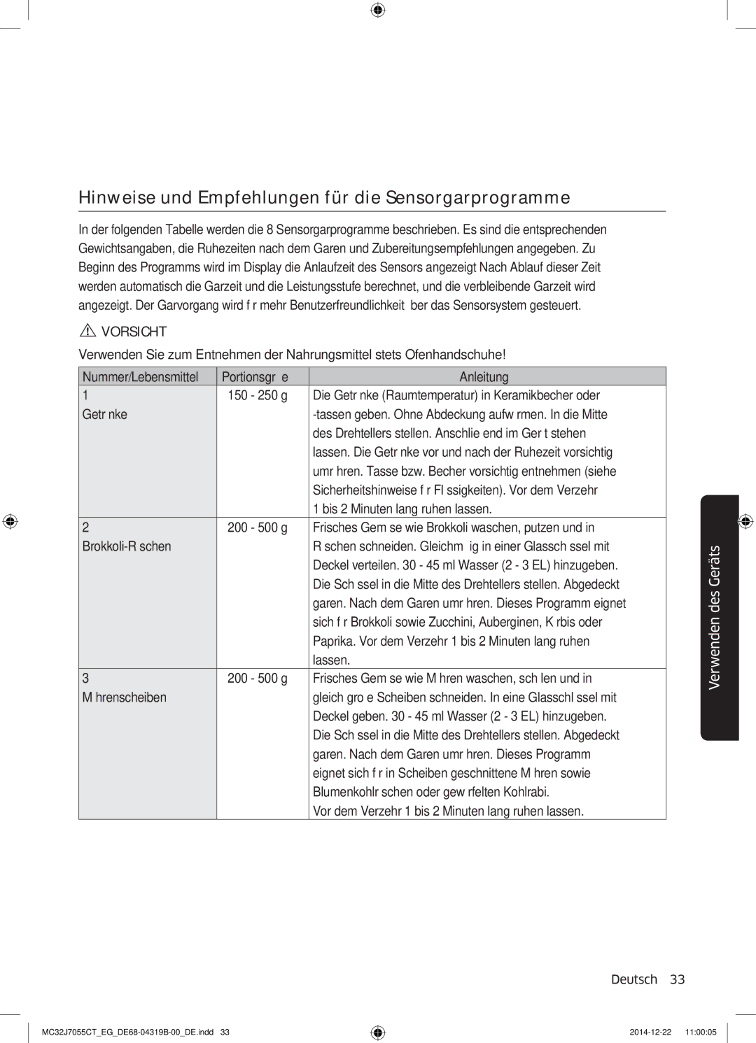 Samsung MC32J7055CT/EG manual Hinweise und Empfehlungen für die Sensorgarprogramme 