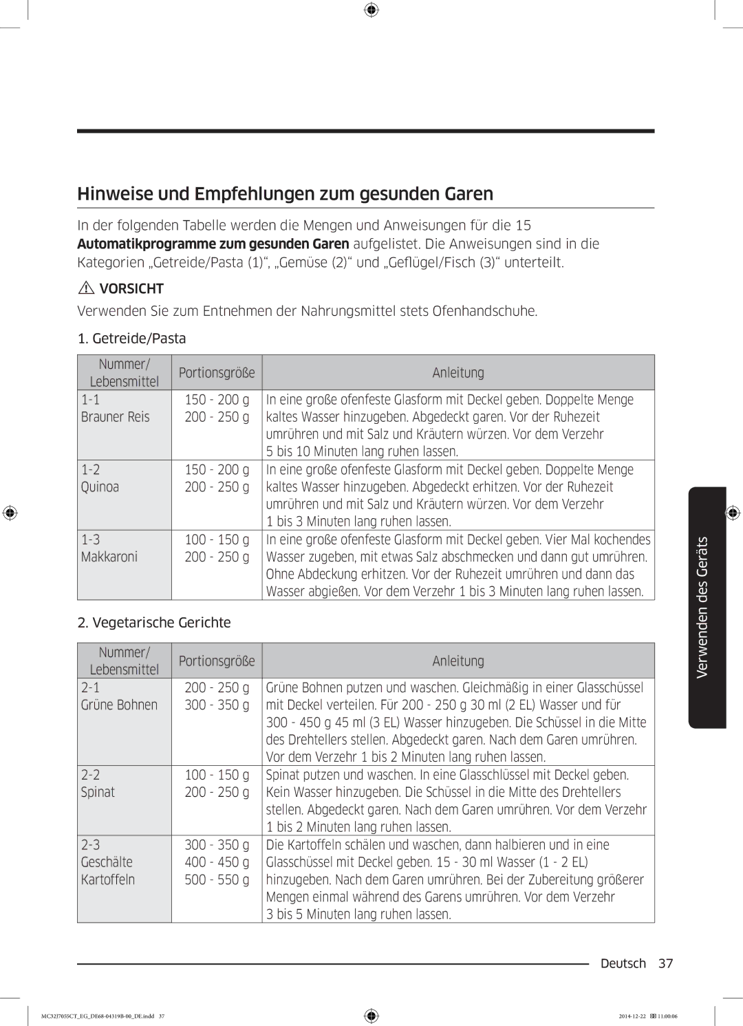 Samsung MC32J7055CT/EG manual Hinweise und Empfehlungen zum gesunden Garen, Makkaroni 200 250 g 