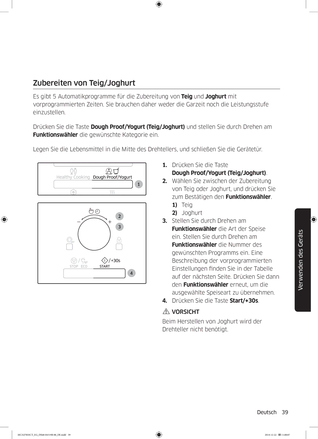 Samsung MC32J7055CT/EG manual Zubereiten von Teig/Joghurt, Dough Proof/Yogurt Teig/Joghurt 