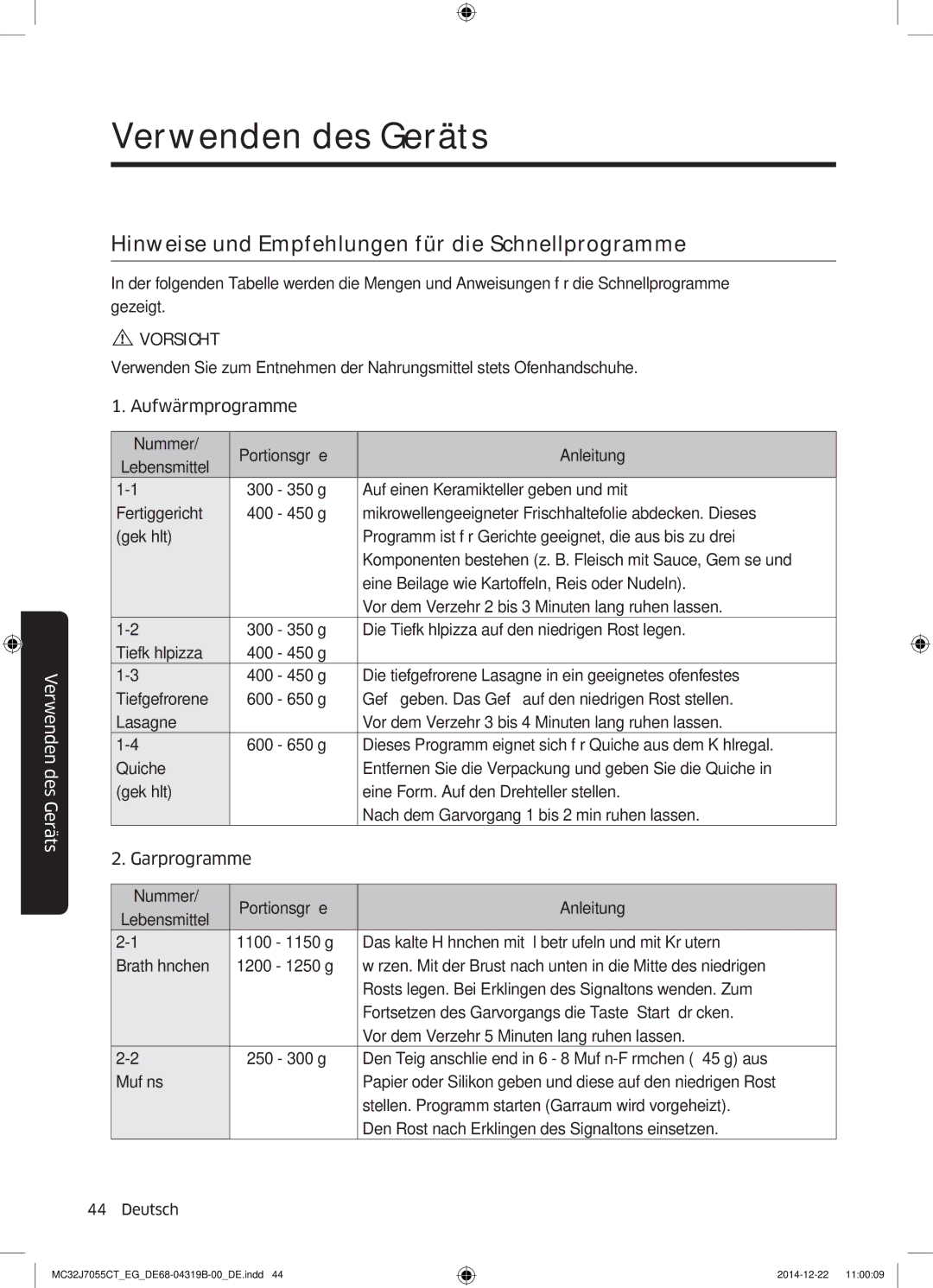 Samsung MC32J7055CT/EG manual Hinweise und Empfehlungen für die Schnellprogramme 