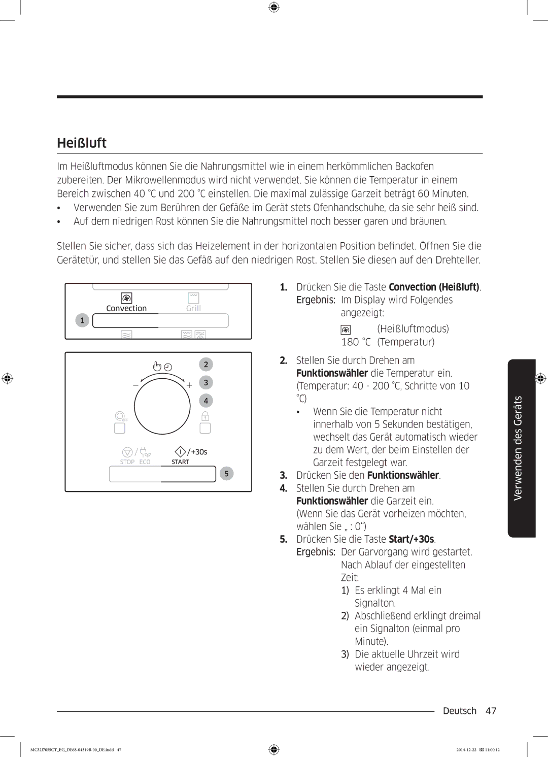 Samsung MC32J7055CT/EG manual Heißluft, Drücken Sie den Funktionswähler 