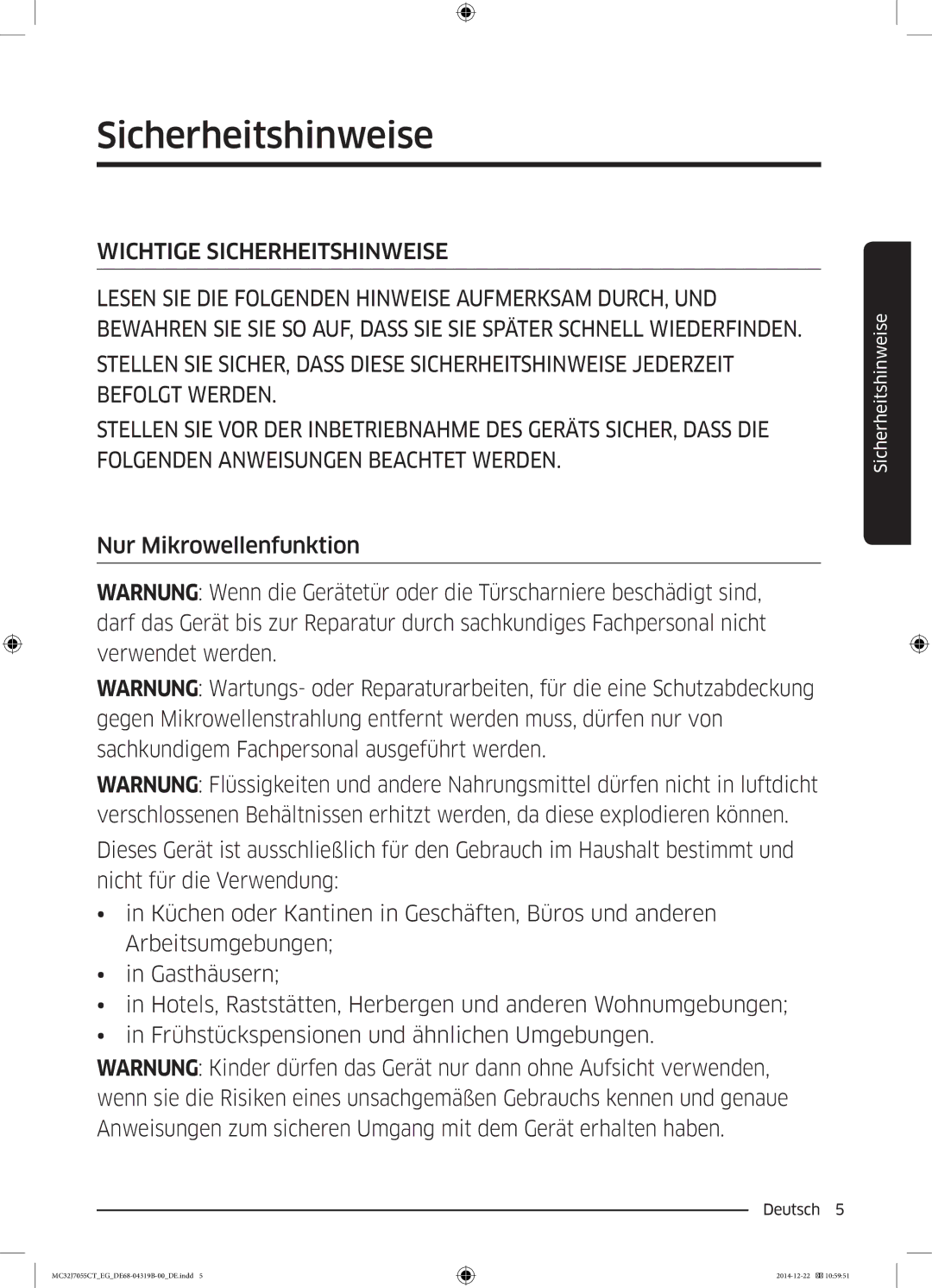 Samsung MC32J7055CT/EG manual Sicherheitshinweise 