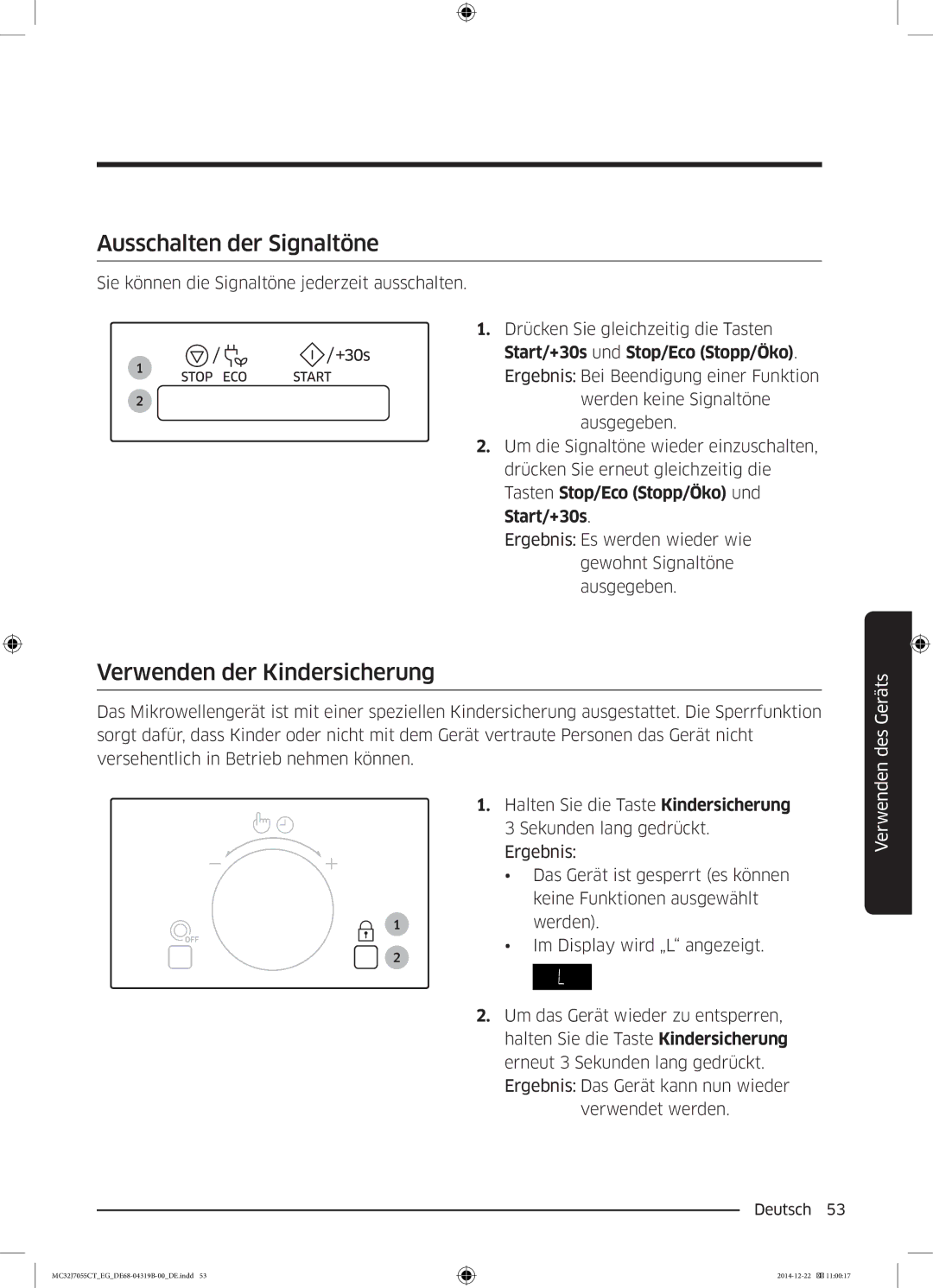 Samsung MC32J7055CT/EG manual Ausschalten der Signaltöne, Verwenden der Kindersicherung 