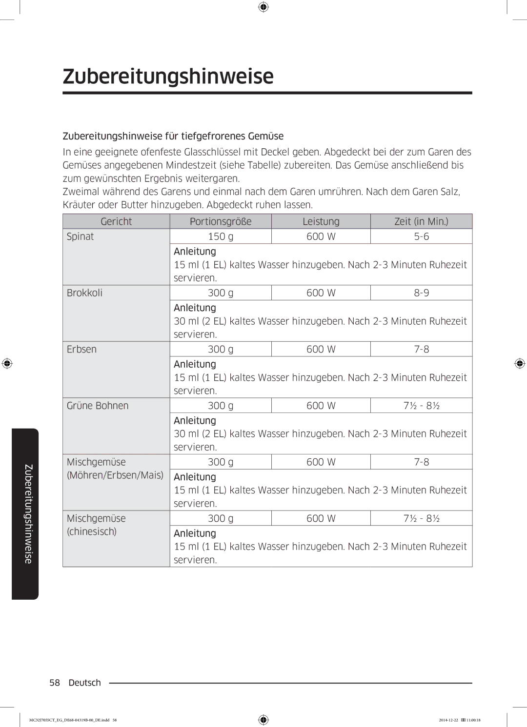 Samsung MC32J7055CT/EG manual Zubereitungshinweise 