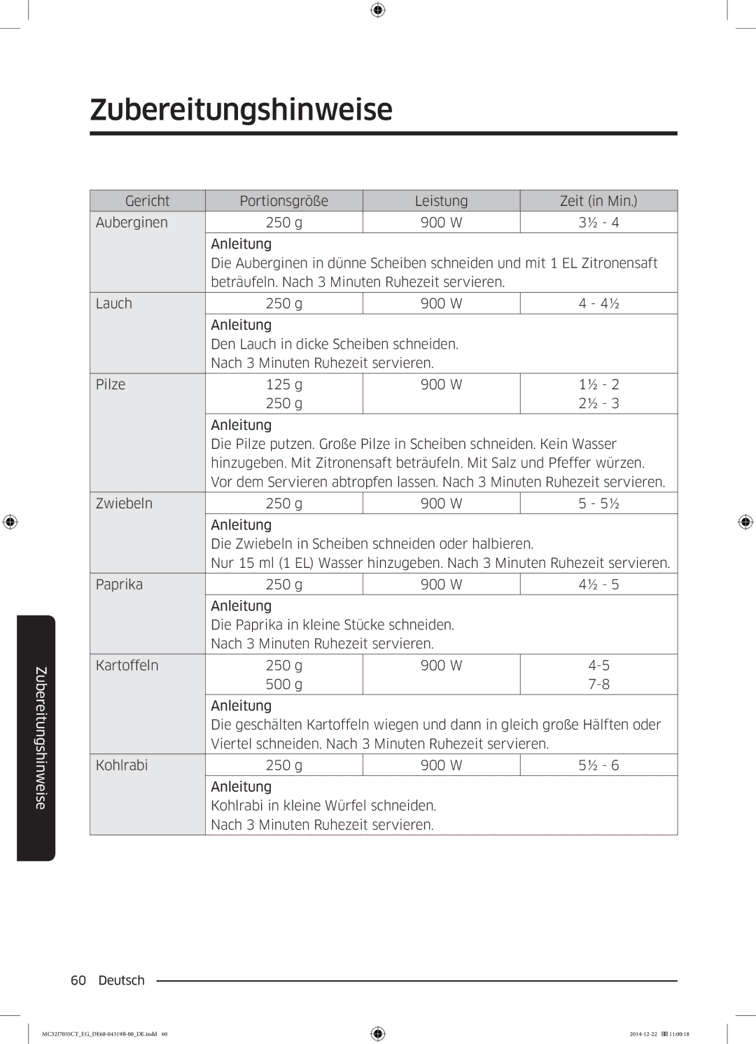 Samsung MC32J7055CT/EG manual Zubereitungshinweise 