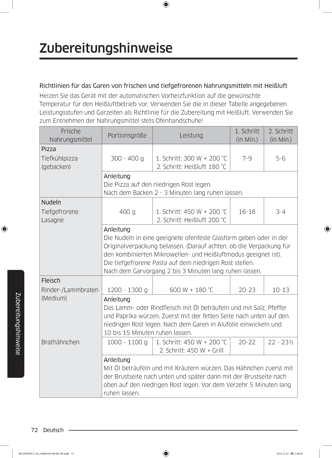 Samsung MC32J7055CT/EG manual Zubereitungshinweise 