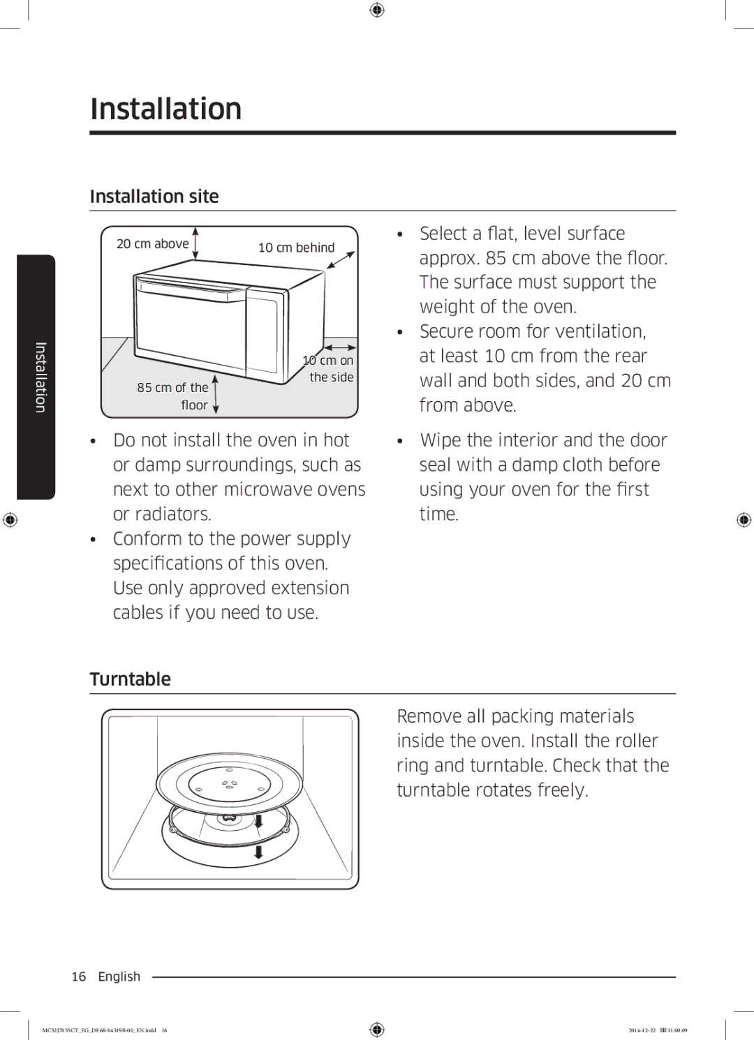 Samsung MC32J7055CT/EG Installation site, Select a flat, level surface, Approx cm above the floor, Surface must support 