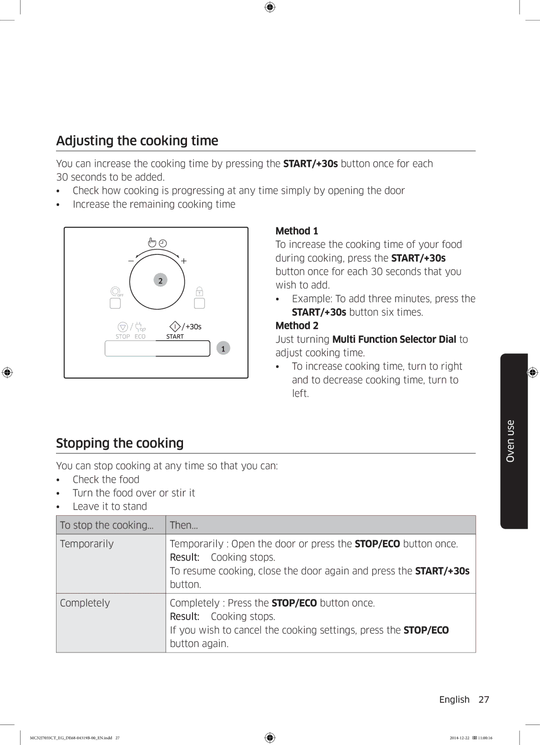 Samsung MC32J7055CT/EG manual Adjusting the cooking time, Stopping the cooking 