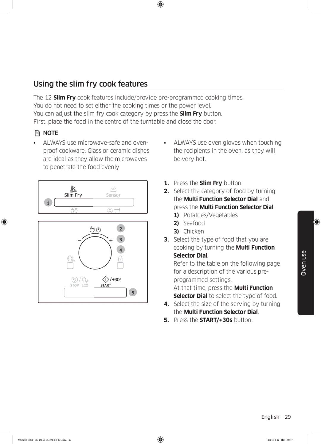 Samsung MC32J7055CT/EG manual Using the slim fry cook features 