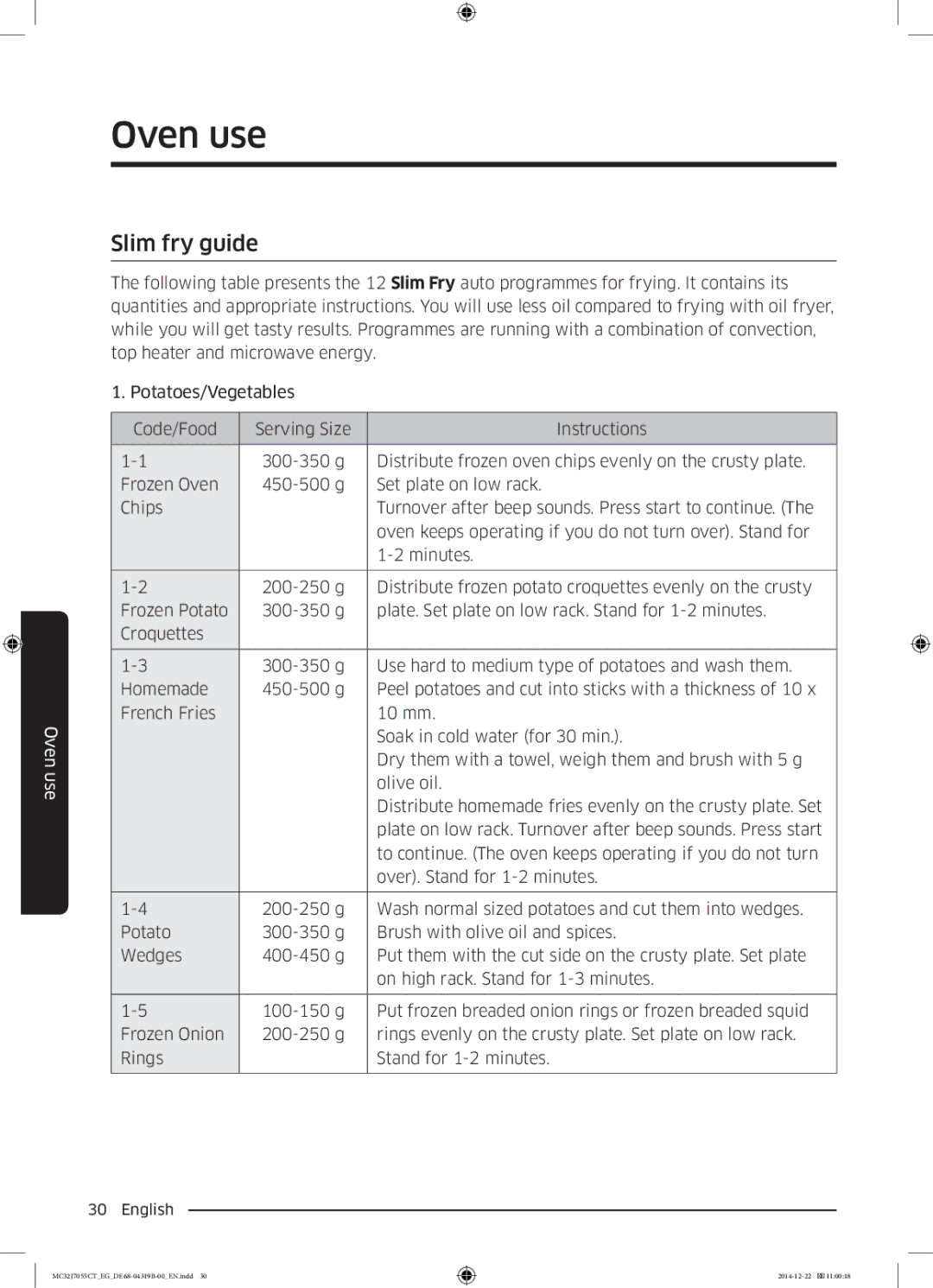 Samsung MC32J7055CT/EG manual Slim fry guide 