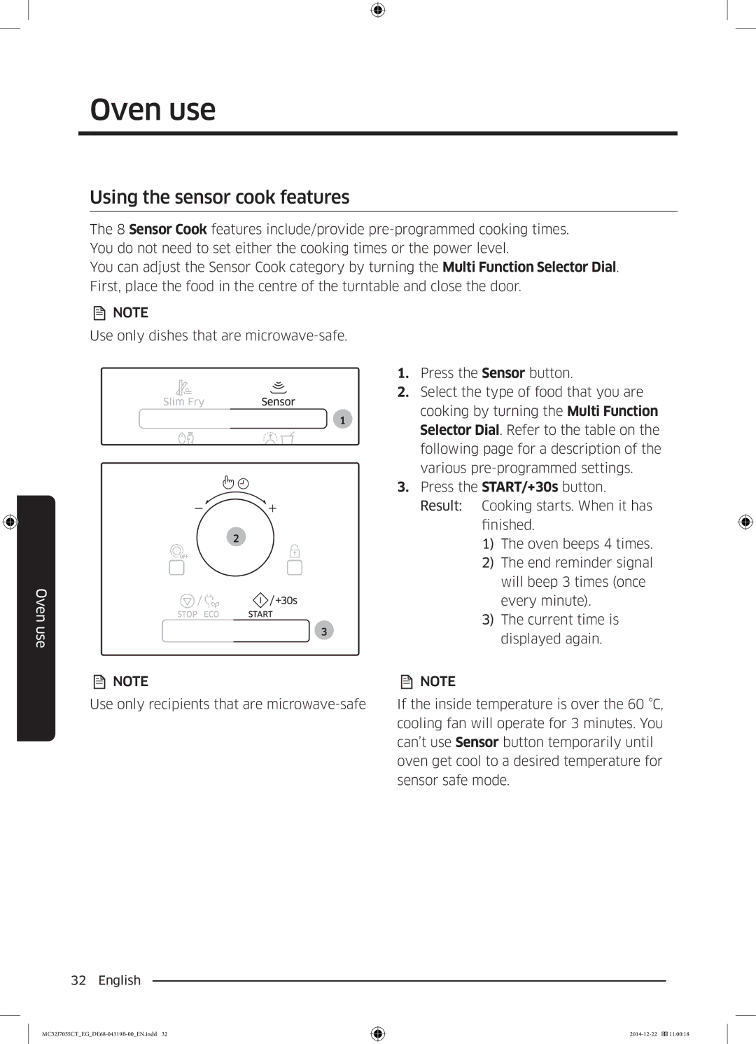 Samsung MC32J7055CT/EG manual Using the sensor cook features 