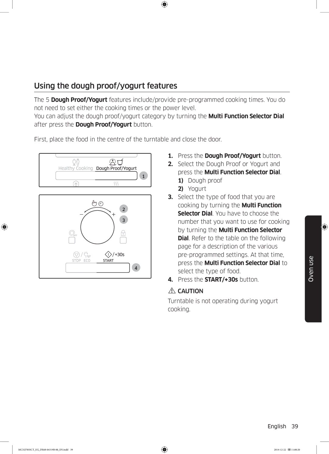 Samsung MC32J7055CT/EG manual Using the dough proof/yogurt features, Press the Dough Proof/Yogurt button 