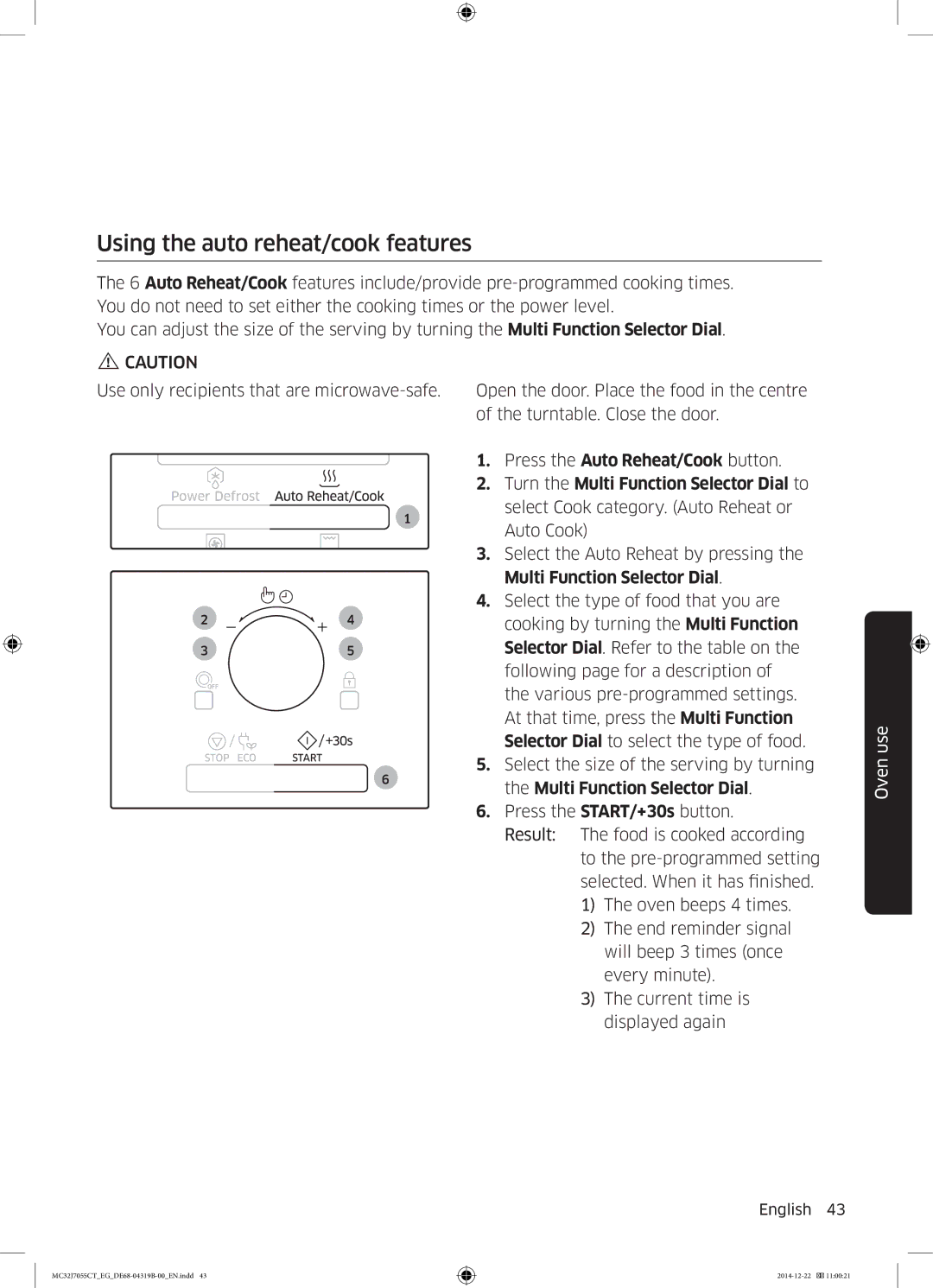 Samsung MC32J7055CT/EG manual Using the auto reheat/cook features 