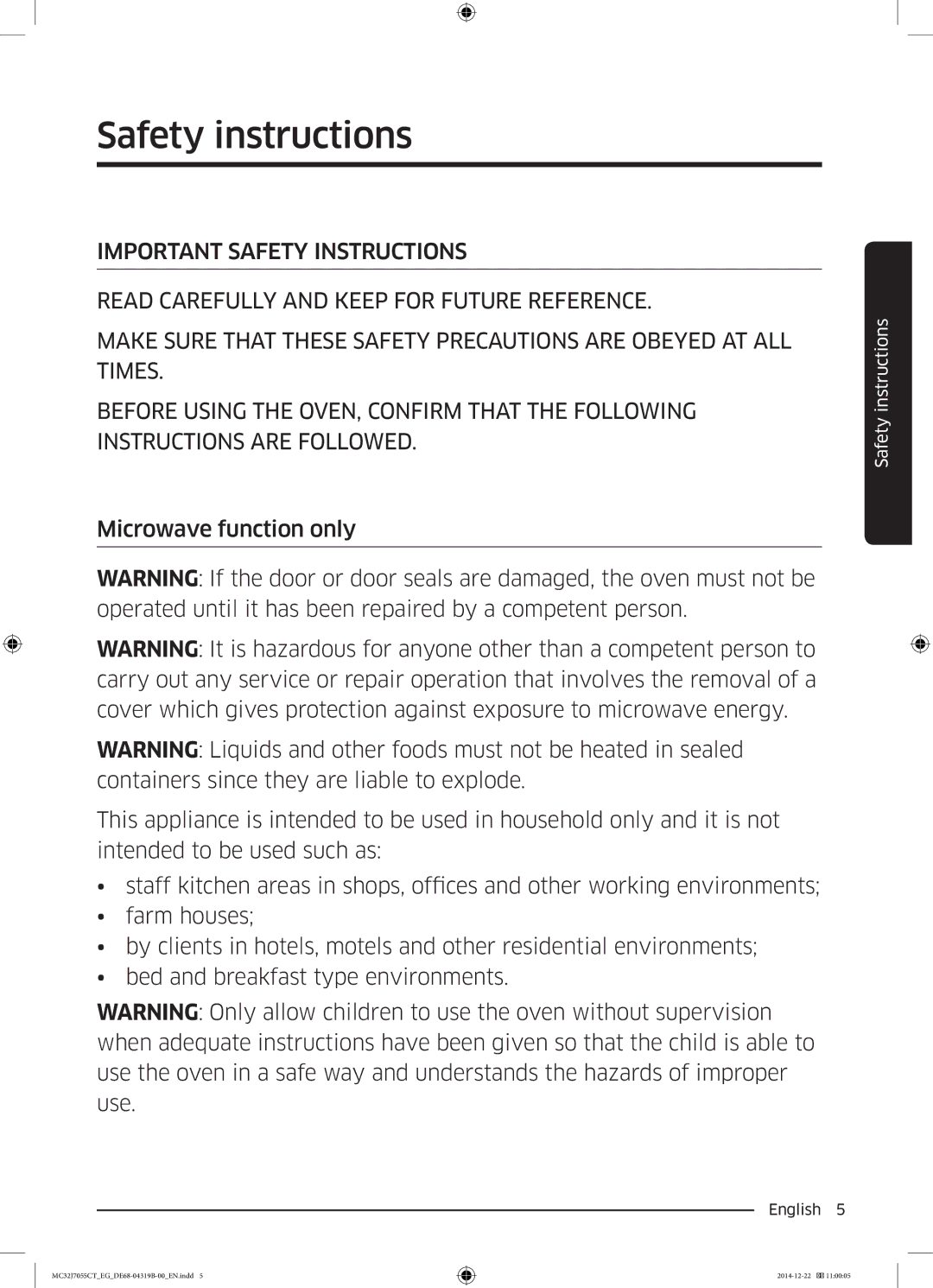 Samsung MC32J7055CT/EG manual Safety instructions 