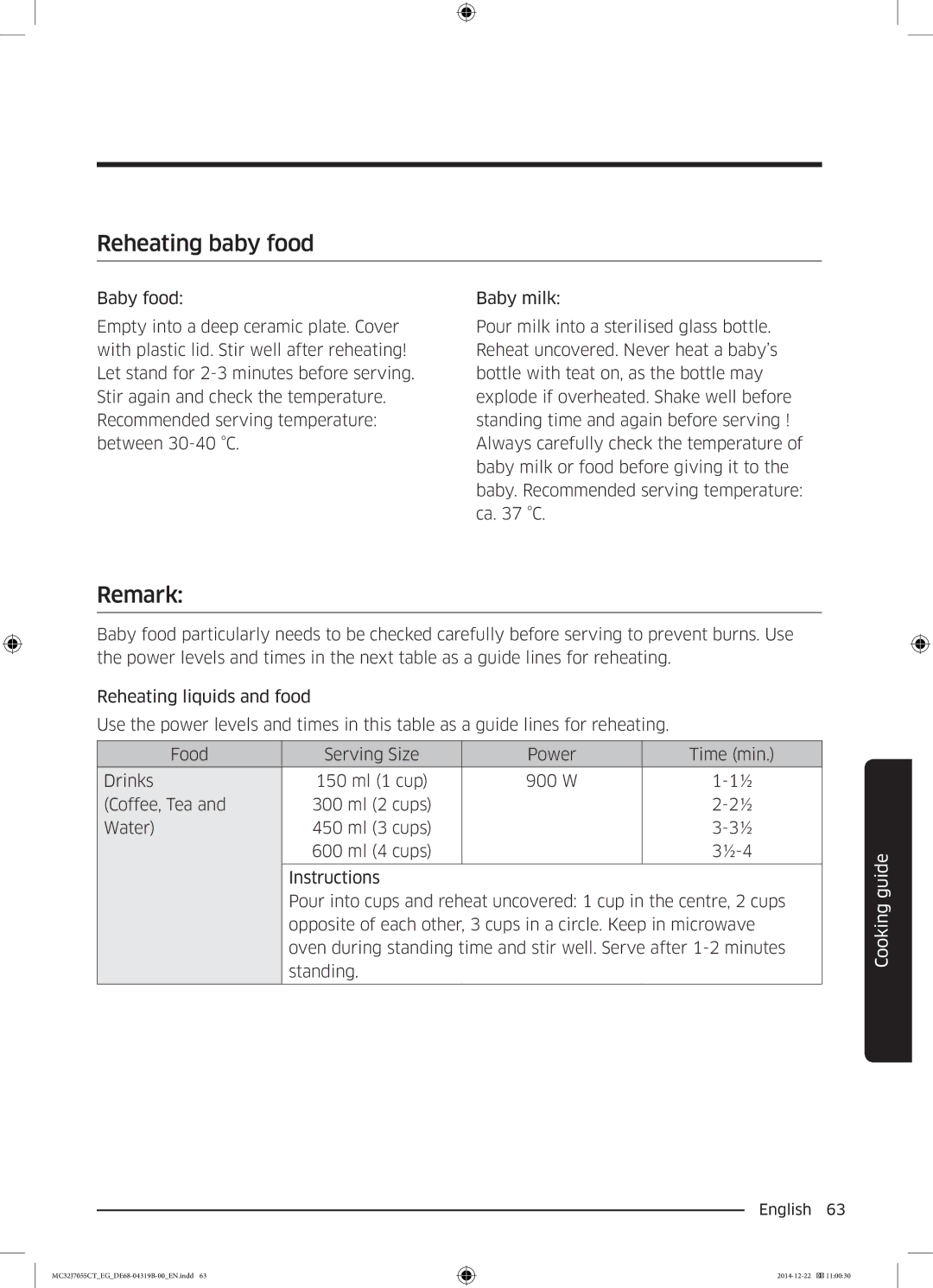 Samsung MC32J7055CT/EG manual Reheating baby food, Remark 