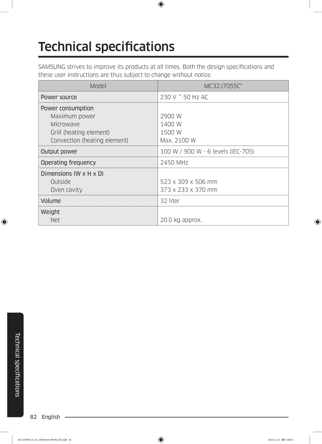 Samsung MC32J7055CT/EG manual Technical specifications 