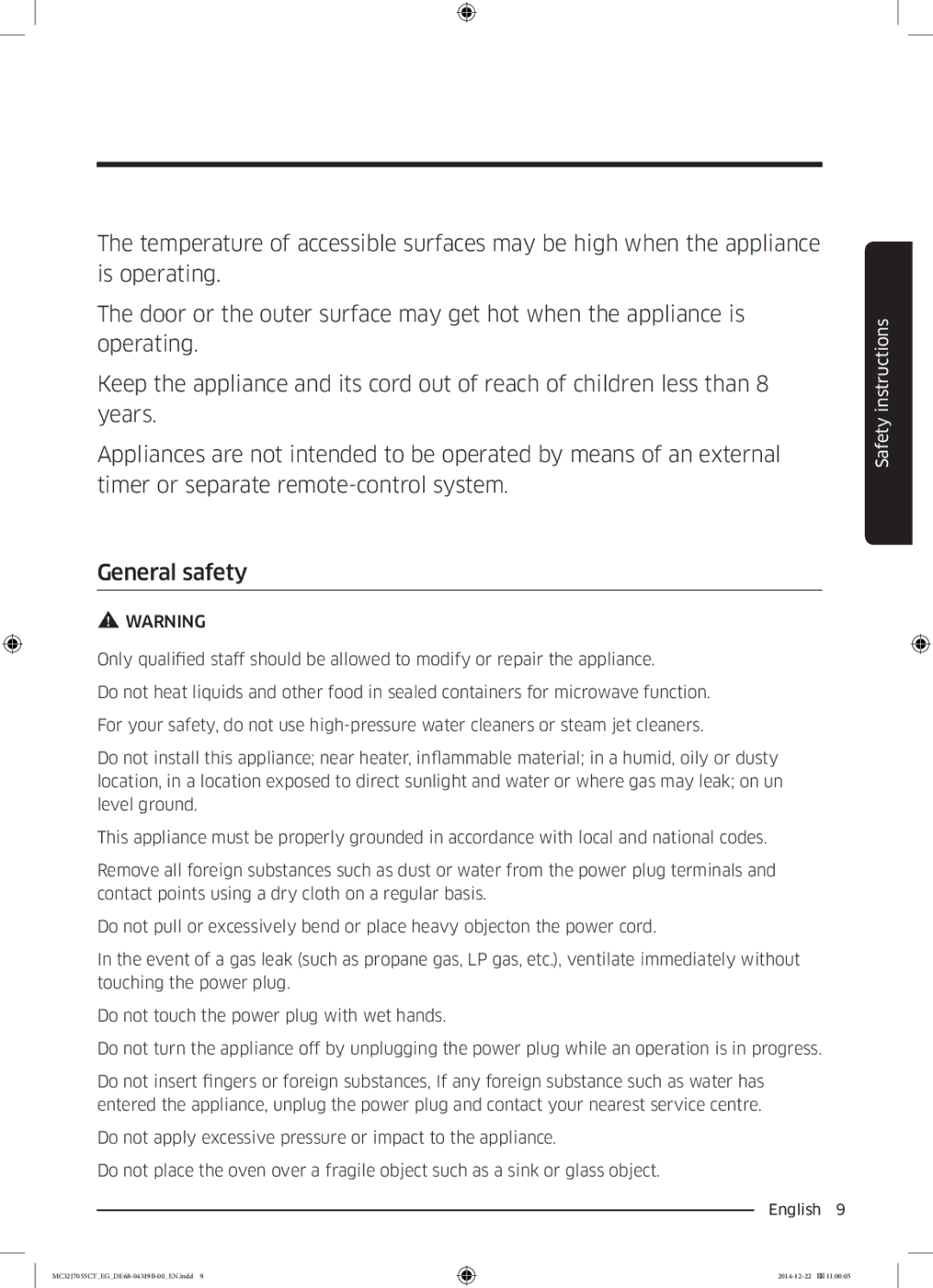 Samsung MC32J7055CT/EG manual Safety instructions 