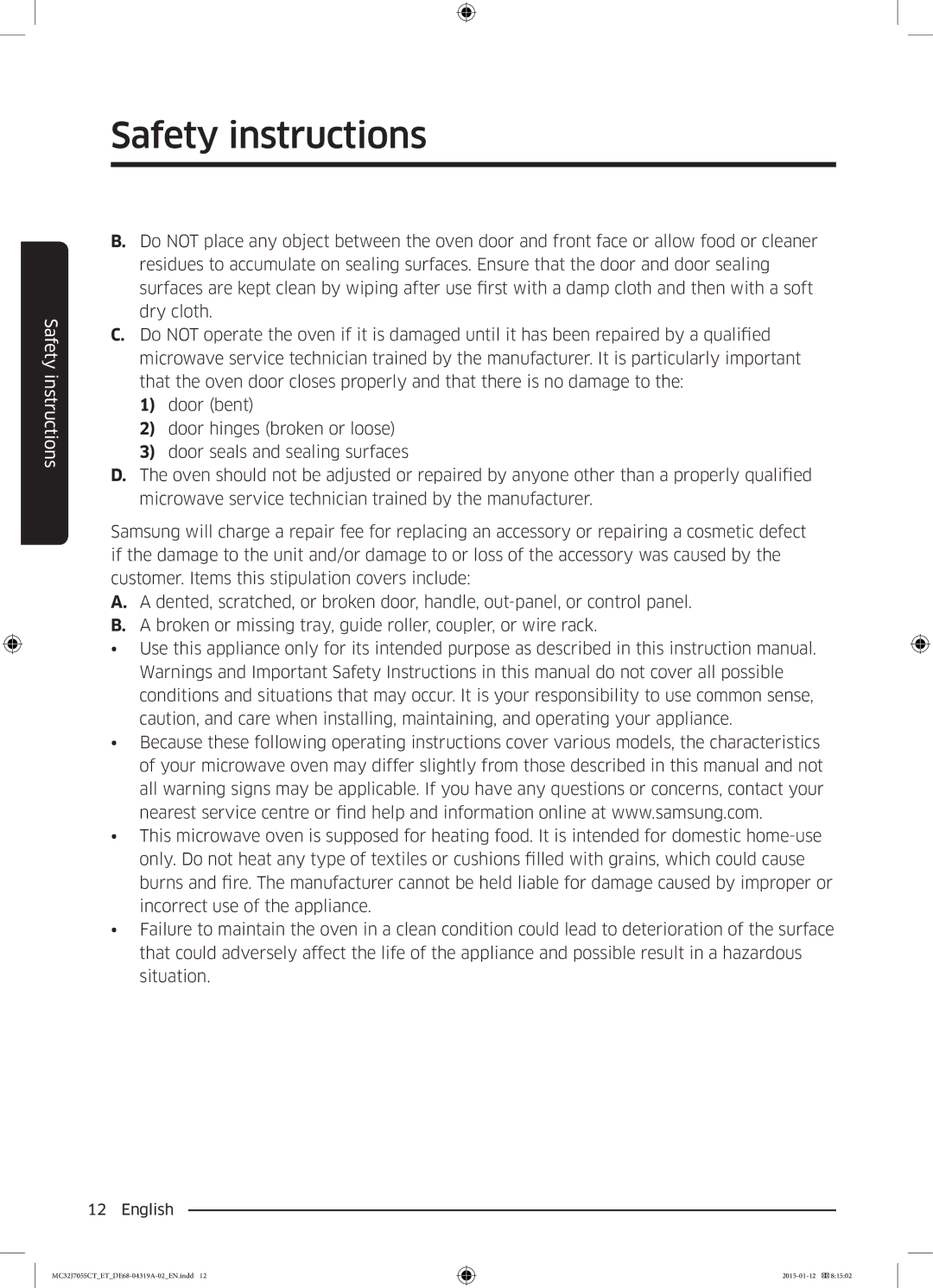 Samsung MC32J7055CT/ET manual Safety instructions 